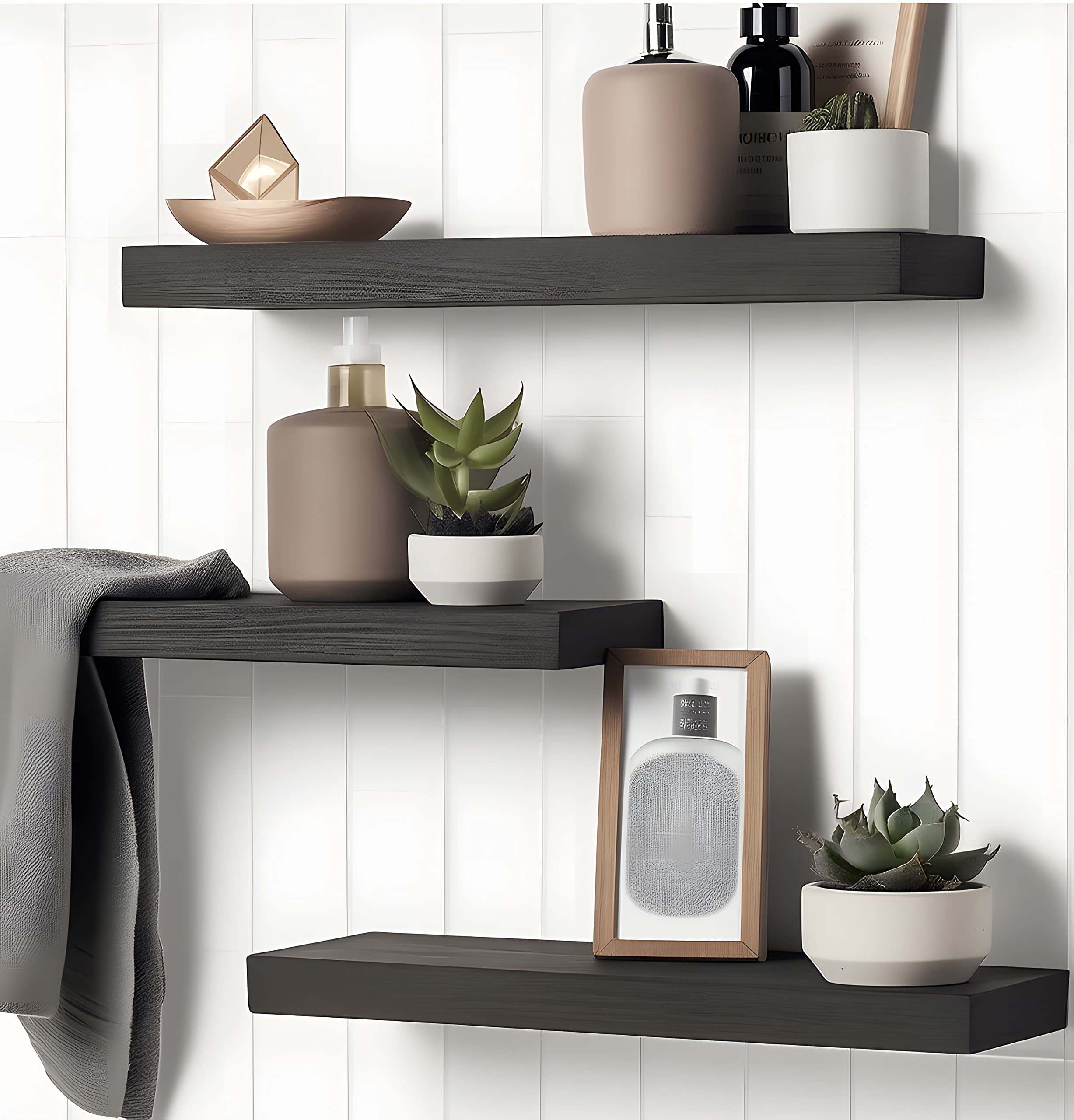 Black Wood Floating Shelves Set of 6 - Modern Wall Mounted Shelves for Bedroom, Living Room, Kitchen & Office - Rustic Wooden Wall Shelves for Home Decor & Storage