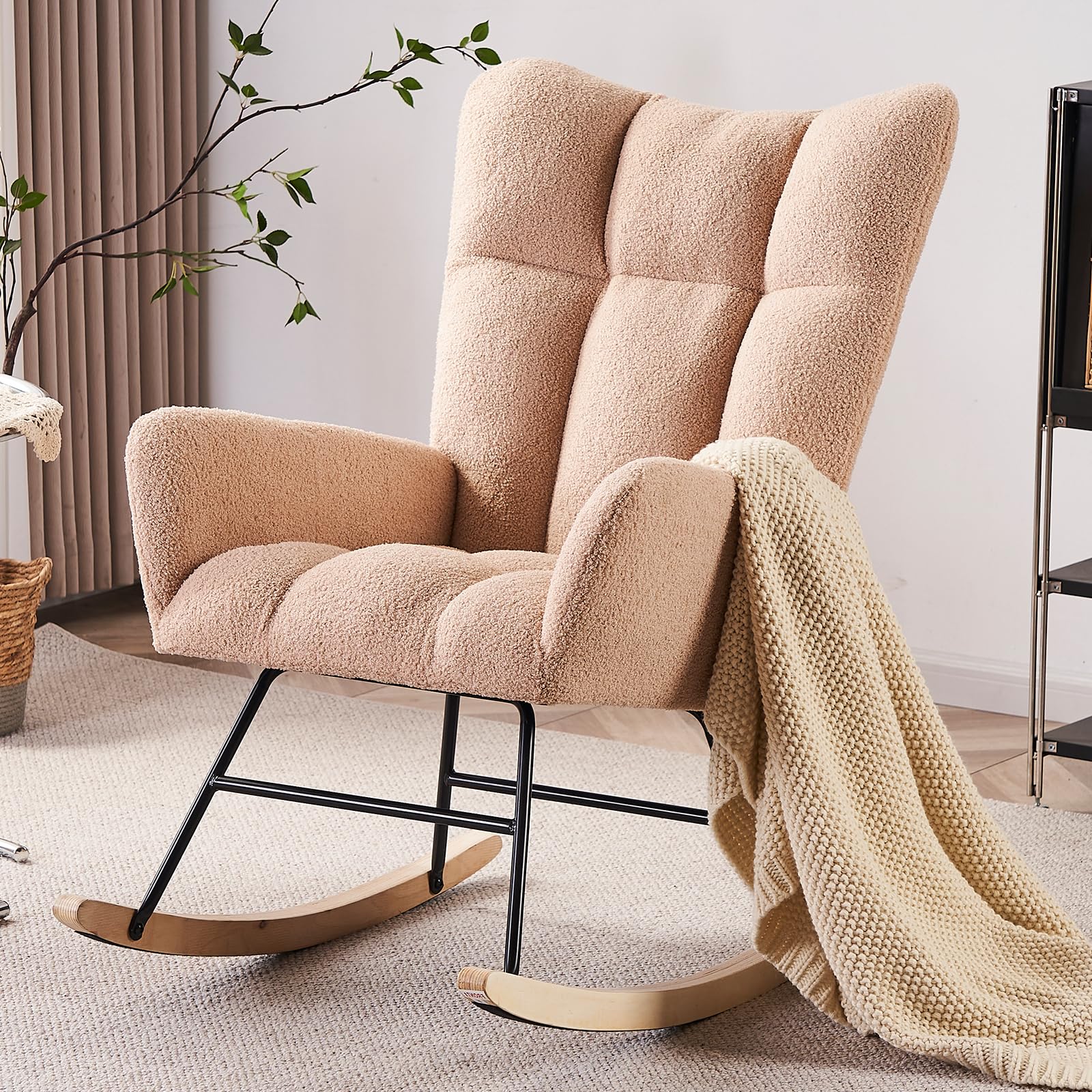 NIOIIKIT Nursery Rocking Chair - Teddy Upholstered Glider Rocker with Sturdy Metal Legs, High Back Support Accent Chair, Comfortable Armchair for Living Room, Bedroom, Nursery & Office (Cream Teddy) | Perfect for Nursing Mothers, Baby Rooms & Relaxing Reading Nooks
