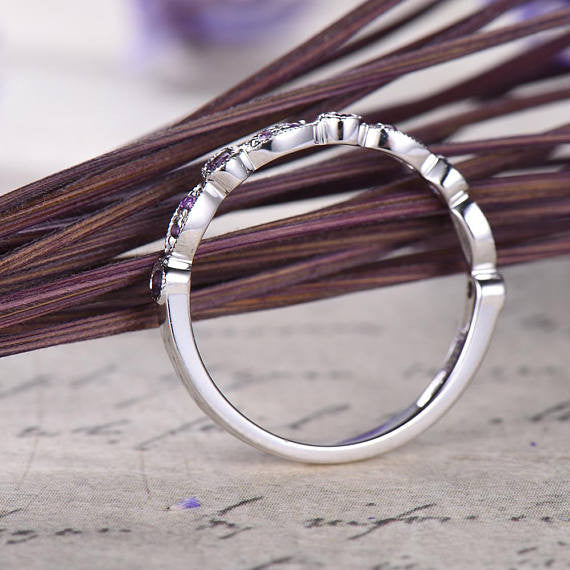 14K White Gold Amethyst Marquise Wedding Band for Women - Elegant Half Eternity Engagement Ring, Promise Ring & Anniversary Gift (Perfect for Bridal Jewelry, Romantic Proposals & Special Occasions)