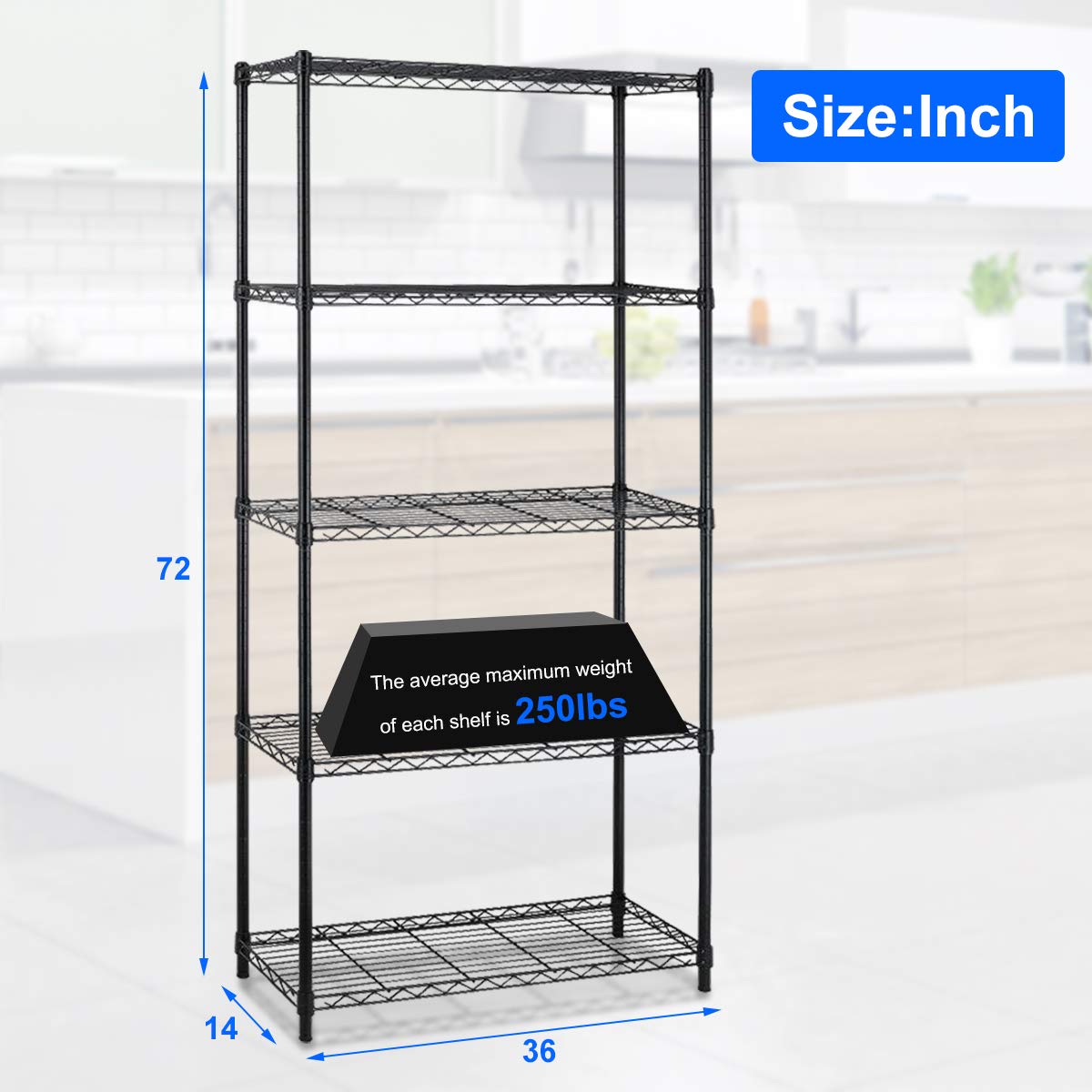 5-Tier Heavy Duty Metal Wire Shelving Unit - 1250Lbs Capacity Adjustable Storage Rack with Leveling Feet for Garage, Kitchen, Commercial Use | Black Standing Shelf for Home Organization & Warehouse Storage