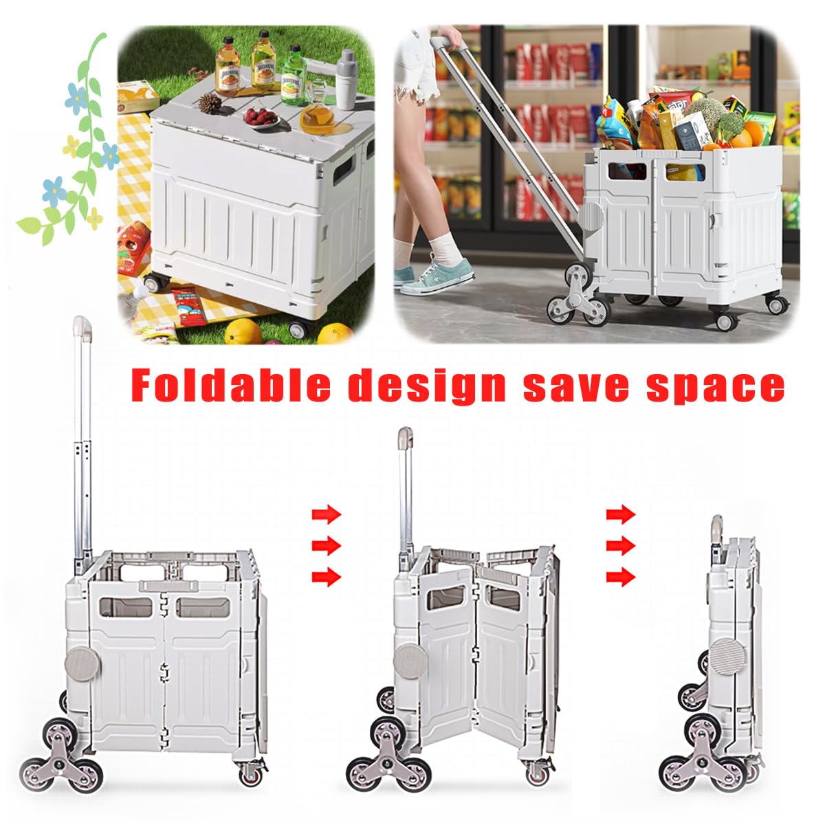 Foldable Utility Cart with Stair Climbing Wheels - Portable Hand Truck with Aluminum Alloy Telescoping Handle for Groceries, Books, Tools & Supplies | Ideal for Shopping, Moving & Warehouse Use