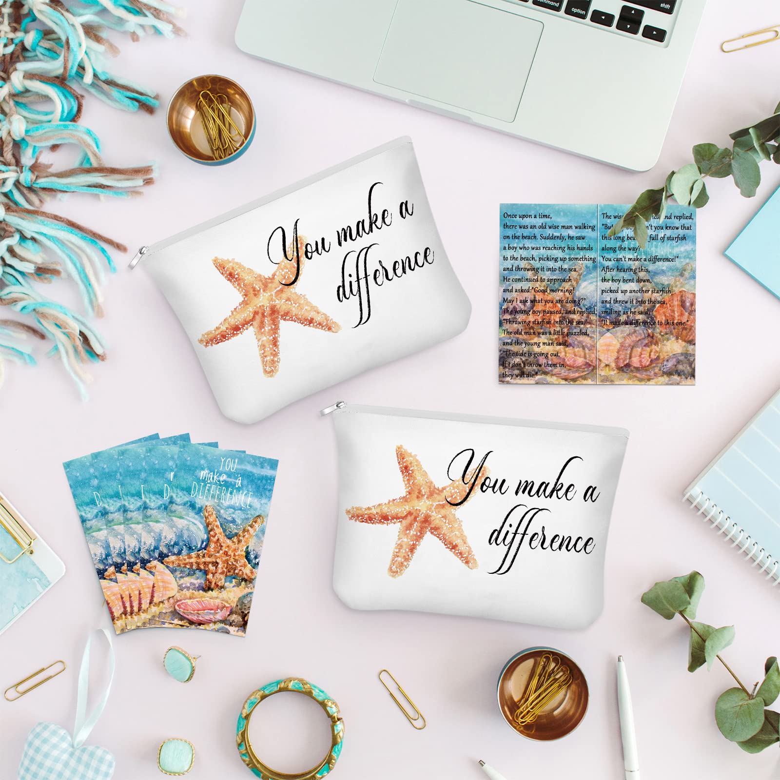 10 Pcs Inspirational Cosmetic Bags with Motivational Poem Cards - Starfish Design Zippered Canvas Makeup Pouch for Women, Employees, Teachers, Nurses - Perfect Appreciation Gifts for Graduation, Birthday, Thank You, Retirement