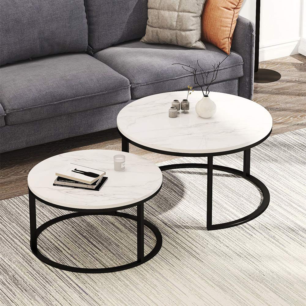 Modern Round Nesting Coffee Table Set of 2 - Metal Frame & Wood Tabletop Accent Side Tables for Living Room - White/Black - Perfect for Small Spaces, Sofa Side & Coffee Table Use
