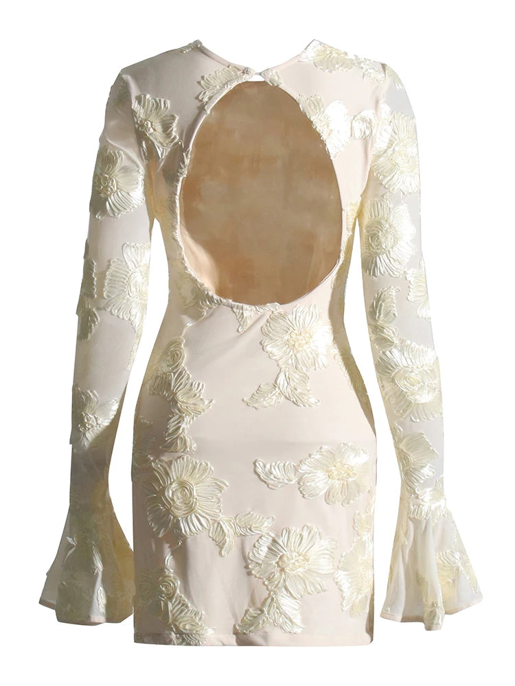 Sexy Backless Mini Dress for Women - Round Neck, Flare Sleeve, High Waist Patchwork Jacquard A-Line Dress | Perfect for Date Night, Club Outfits & Summer Parties