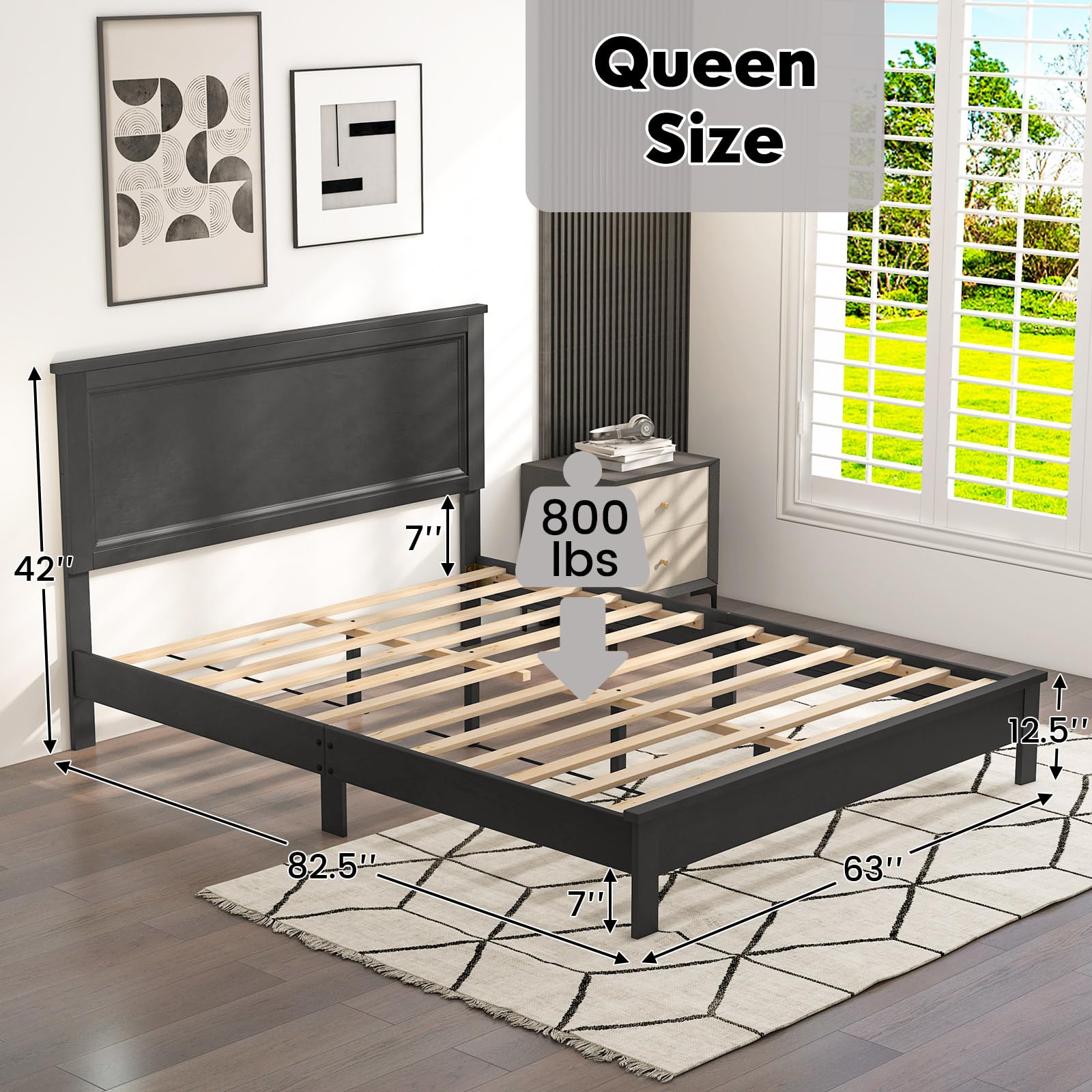 Giantex Queen Size Wooden Platform Bed Frame with Headboard - Mid Century Modern Solid Wood Legs & Wooden Slat Support - Easy Assembly 500 lbs Weight Capacity - Black Bed Frame for Bedroom, Guest Room, Dorm