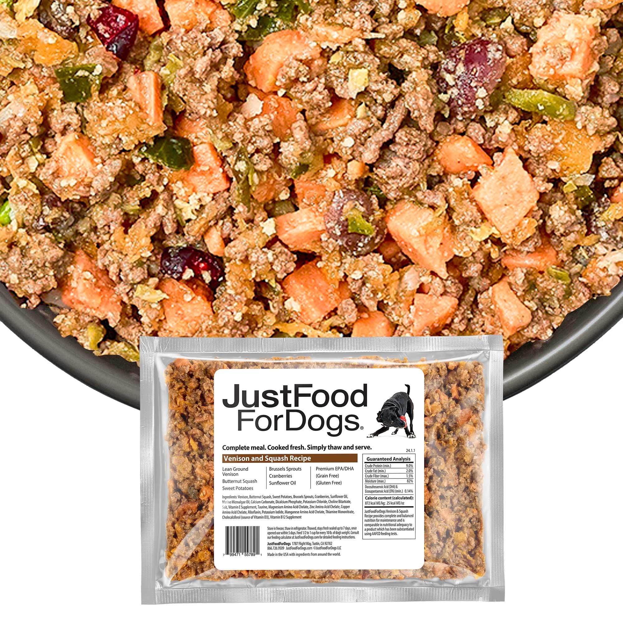 JustFoodForDogs Frozen Fresh Dog Food - Venison & Squash Human-Grade Recipe, 18oz (7 Pack) | Complete Meal or Food Topper for All Breeds | Perfect for Sensitive Stomachs & Picky Eaters