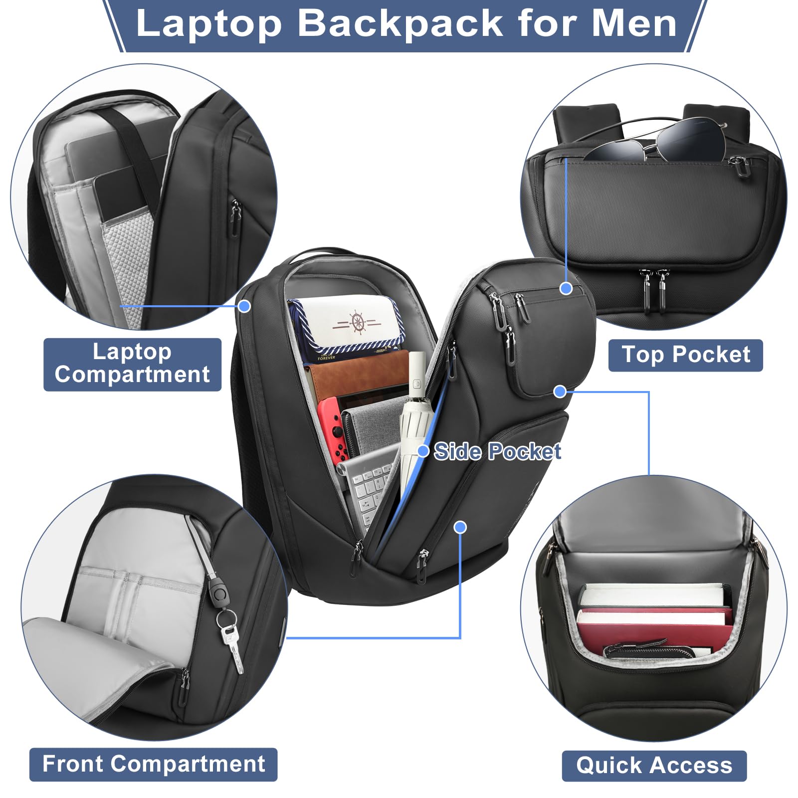 Anti-Theft Business Smart Backpack for Men - 17.3 Inch Laptop Backpack with USB Charging Port, Water-Resistant & Durable 30L Travel Backpack - Perfect for Office, College, Commuting & Business Trips - Black