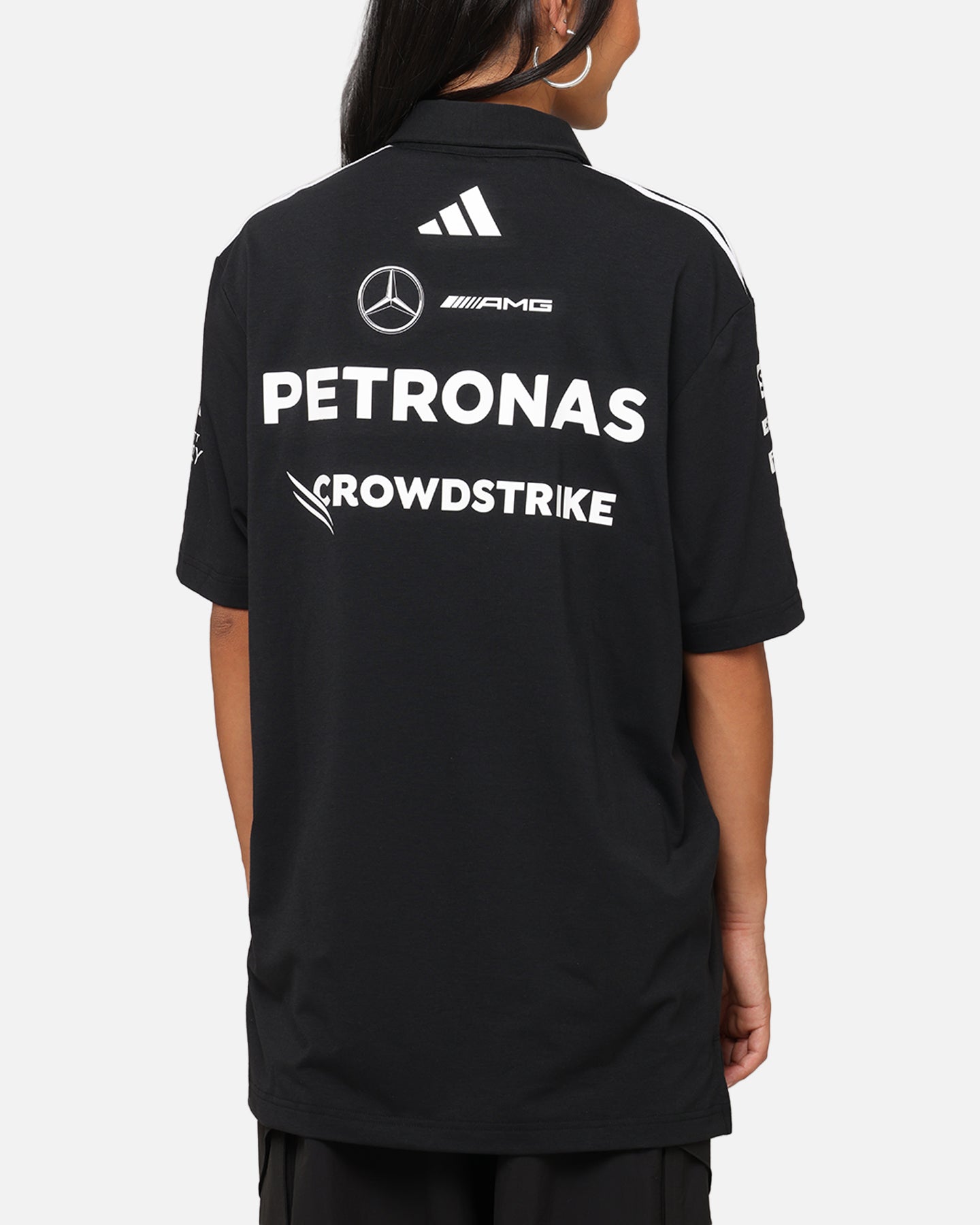 Adidas x Mercedes AMG Petronas F1 2025 Team Polo Shirt - Black & White - Men's Performance Golf & Racing Polo for Motorsport Fans