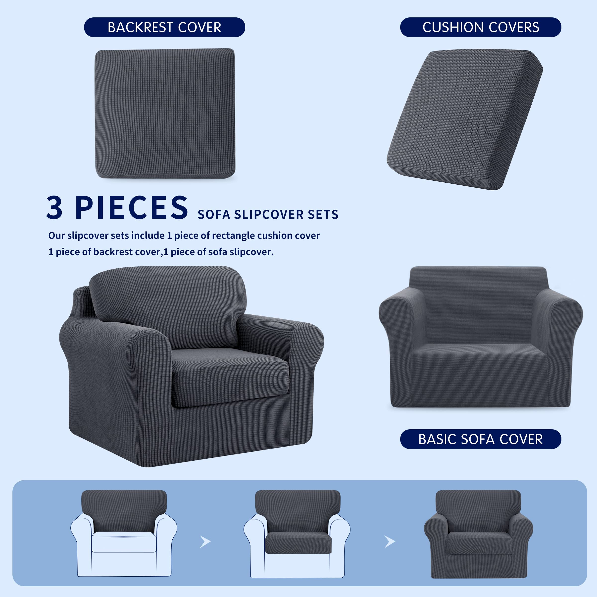 SUBRTEX 3-Piece Armchair Cover & 7-Piece Sofa Slipcover Set - Stretchable Couch Covers with Separate Backrest & Cushion Covers (Small/Large, Gray) - Perfect for Living Room Furniture Protection & Home Decor Upgrade