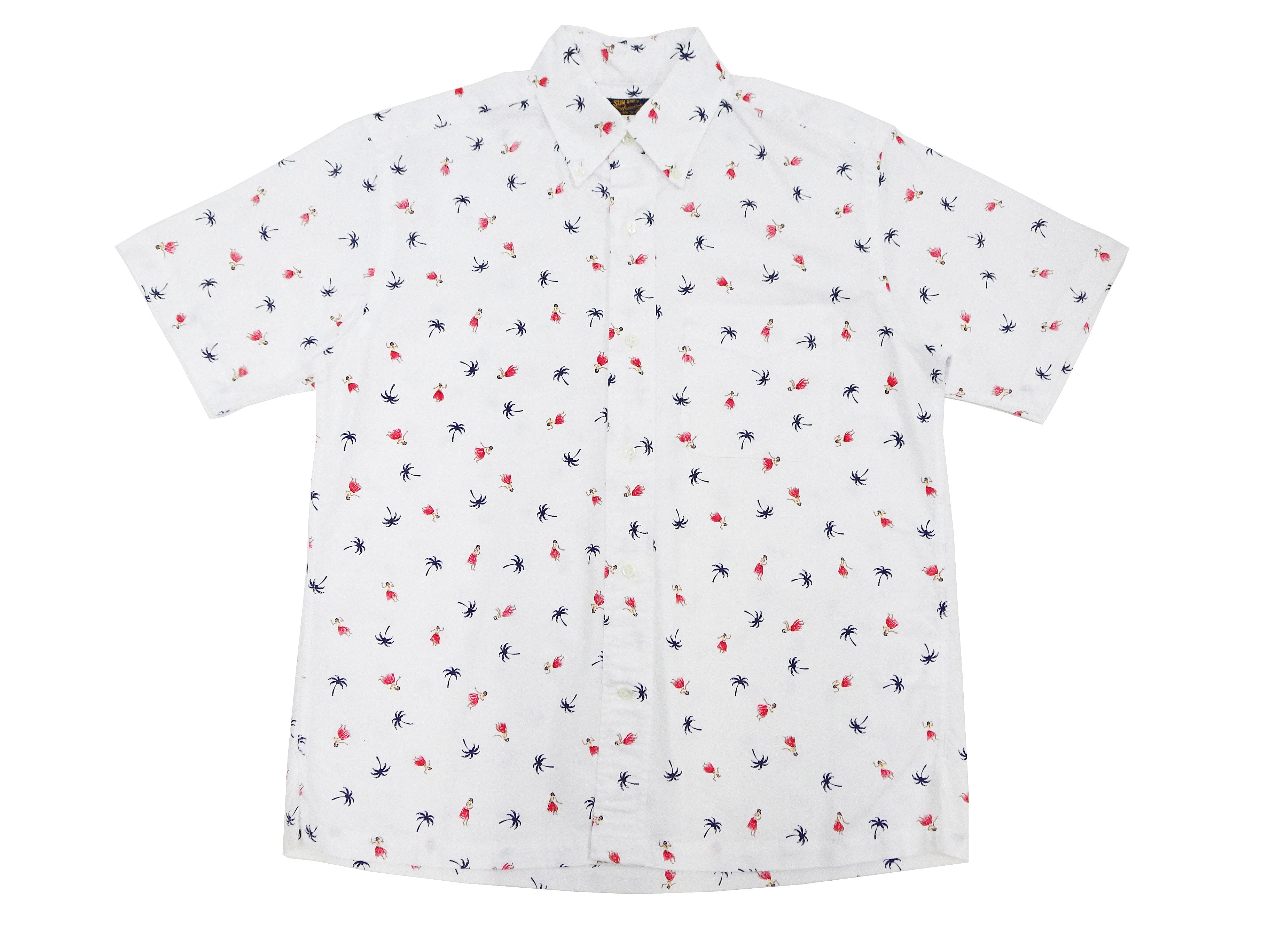 Men's Casual Short Sleeve Button Down Shirt - Sun Surf Hula Dancer & Palm Tree All Over Print Oxford Shirt (SS39282) in Off White - Perfect for Beach Parties, Summer Vacations & Tropical Getaways