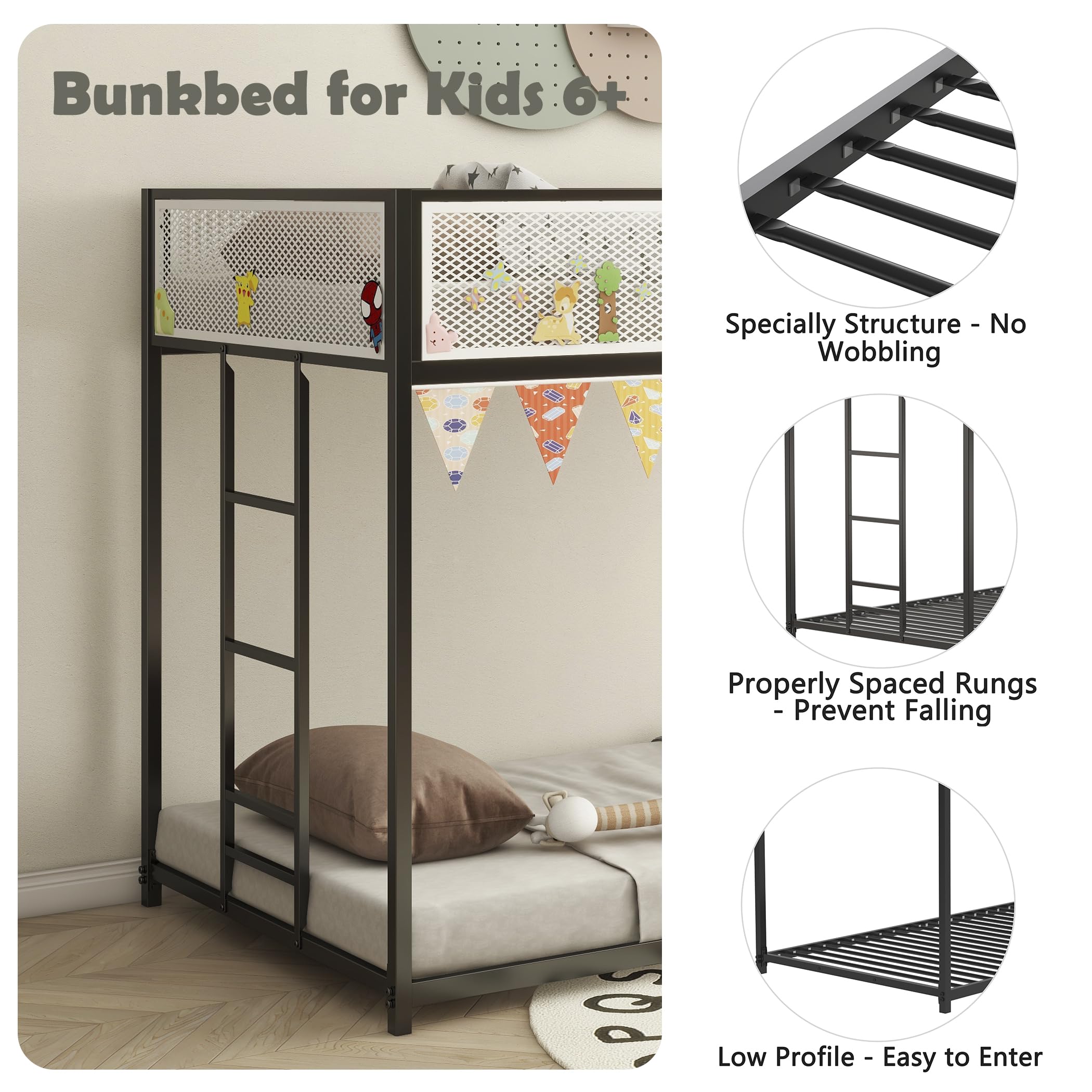 LifeSky Twin Over Twin Metal Bunk Bed for Kids - Space Saving Low Profile Bunk Bed with Ladder for Boys & Girls Aged 6-12 - Perfect for Small Bedrooms, Shared Rooms & Kids' Sleepovers