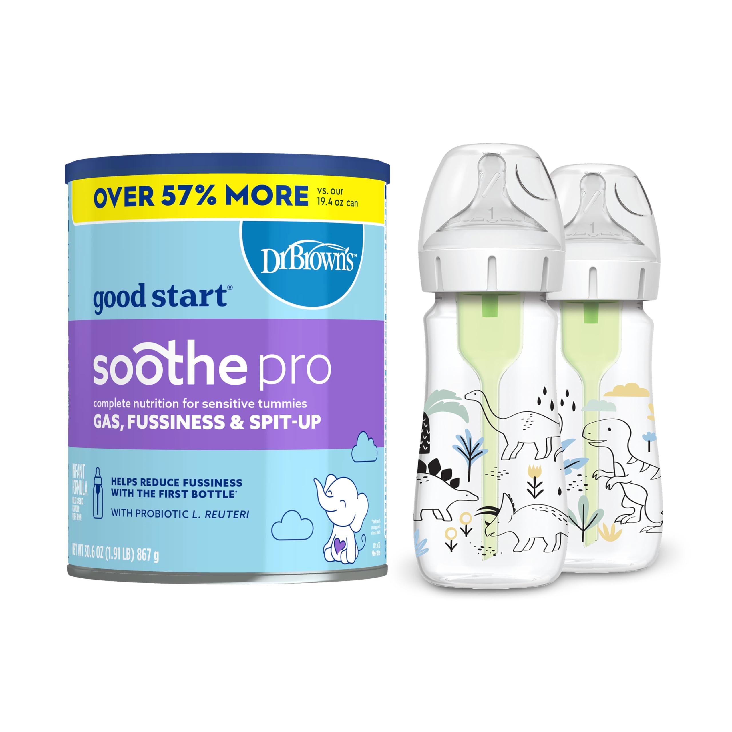 Dr. Brown's Good Start Baby Formula Powder, 30.6 Ounce & Natural Flow Anti-Colic Wide-Neck Baby Bottle Set - Designer Edition Dino Decos, 9oz/270mL, Level 1 Nipple, 2-Pack (0m+) - Gentle Nutrition for Newborns & Colic Relief for Happy Feeding Time