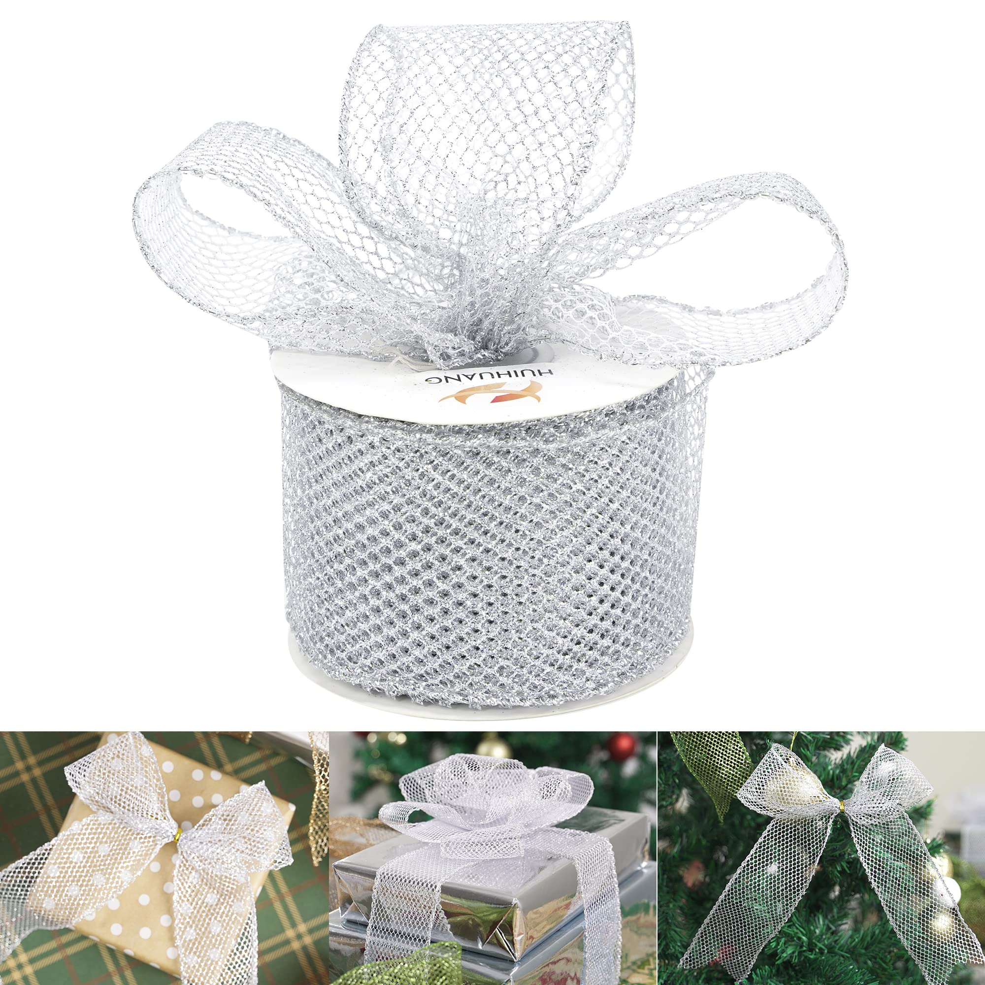 Sparkling Silver Glitter Mesh Wired Ribbon - 2.5