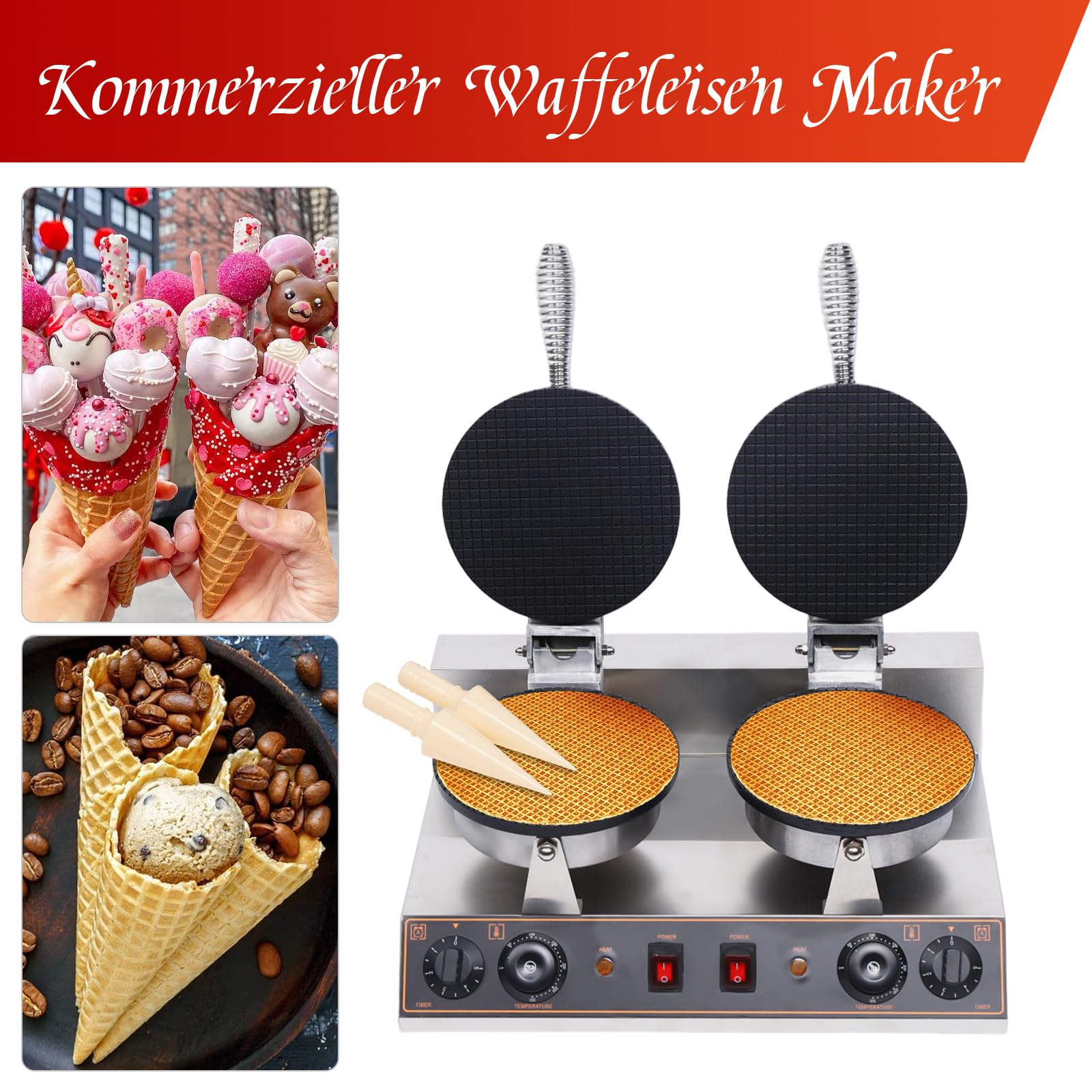 BICKKOMG 110V Commercial Electric Waffle Cone Maker - Stainless Steel Non-Stick Double Head Ice Cream Cone Machine with Egg Roll Mold for Restaurants, Bakeries & Home Use - Perfect for Making Crispy Waffle Cones, Ice Cream Bowls and Sweet Treats
