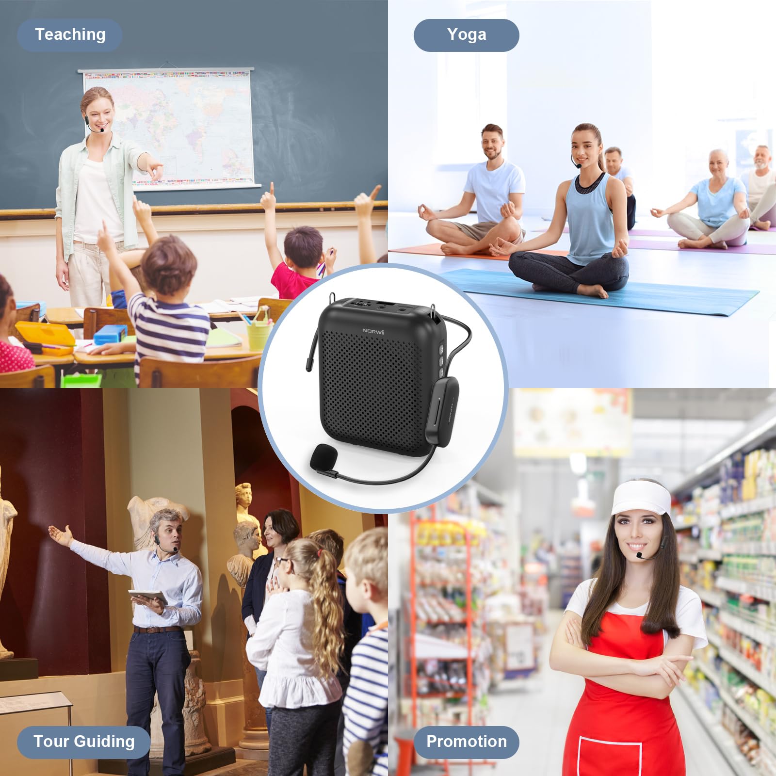 Norwii Wireless Voice Amplifier with Bluetooth - 4000mAh Rechargeable Portable Speaker & 2 Headset Mics for Teachers, Meetings, Presentations | Classroom, Outdoor Tours & Public Speaking (Black)