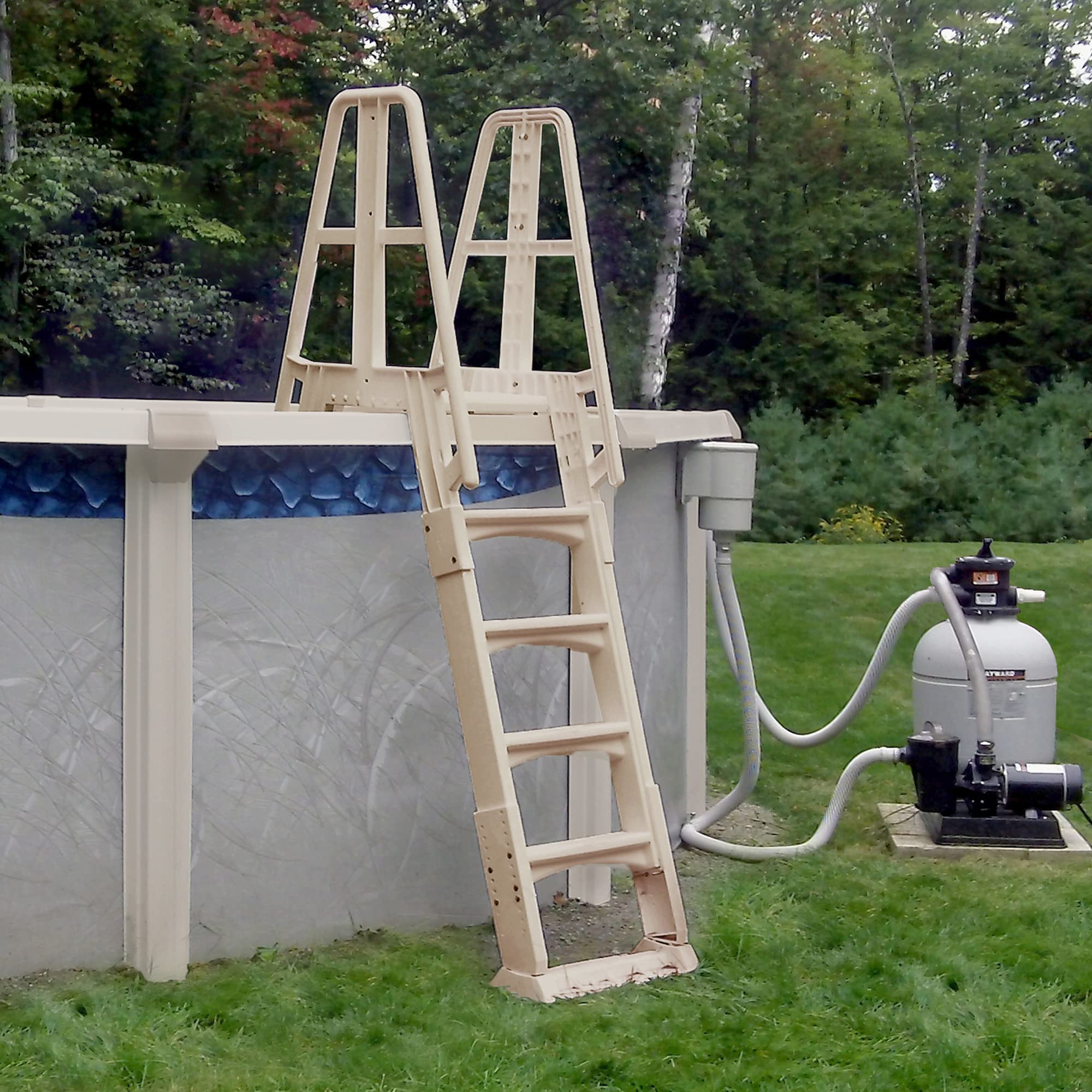 Vinyl Works SLA A-Frame 48-56 Inch Adjustable Above Ground Pool Ladder with Slide Lock Safety Barrier & Handrails, Taupe - Perfect for Easy Entry/Exit & Child Safety in Backyard Swimming Pools