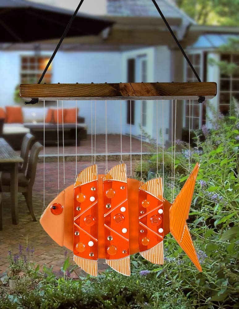 Handmade American Fused Glass Goldfish Wind Chime - Outdoor Garden Decor, Patio Hanging Ornament, Unique Gift for Home & Yard