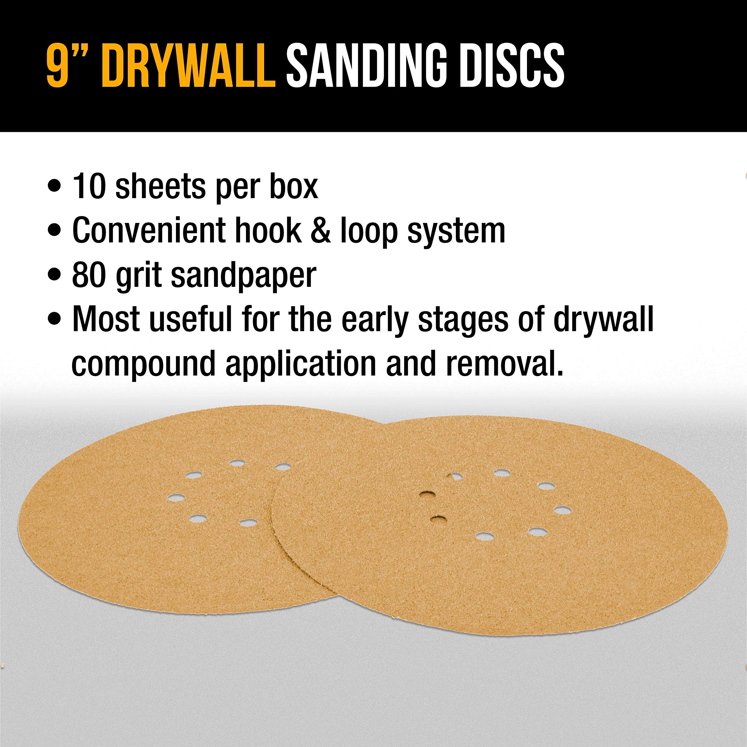 Dura-Gold Premium 9 Inch Drywall Sanding Discs 80 Grit - 10 Pack with 8 Hole Hook & Loop Backing - Fast Cutting Aluminum Oxide Sandpaper for Power Sanders - Perfect for Drywall, Wood Sanding & Surface Preparation