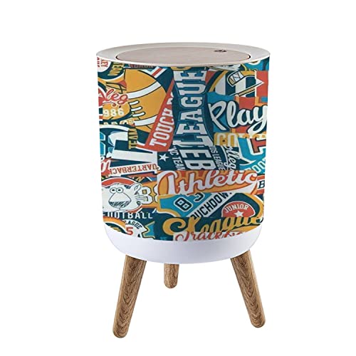 Cute Small Trash Can with Lid - Wooden Legs Round Waste Bin with Press Cover - College, Sports, Abstract Patchwork Design - Seamless Garbage Bin for Kitchen, Bathroom, Bedroom, Office - Perfect for Dorm Rooms, Home Decor & Small Spaces
