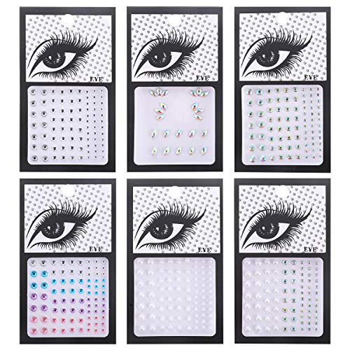6 Sheets Face Gems & Glitter Stickers - Self Adhesive Rhinestone Makeup Accessories for Eyes, Cheeks & Body - Perfect for Parties, Halloween, Festivals & Cosplay
