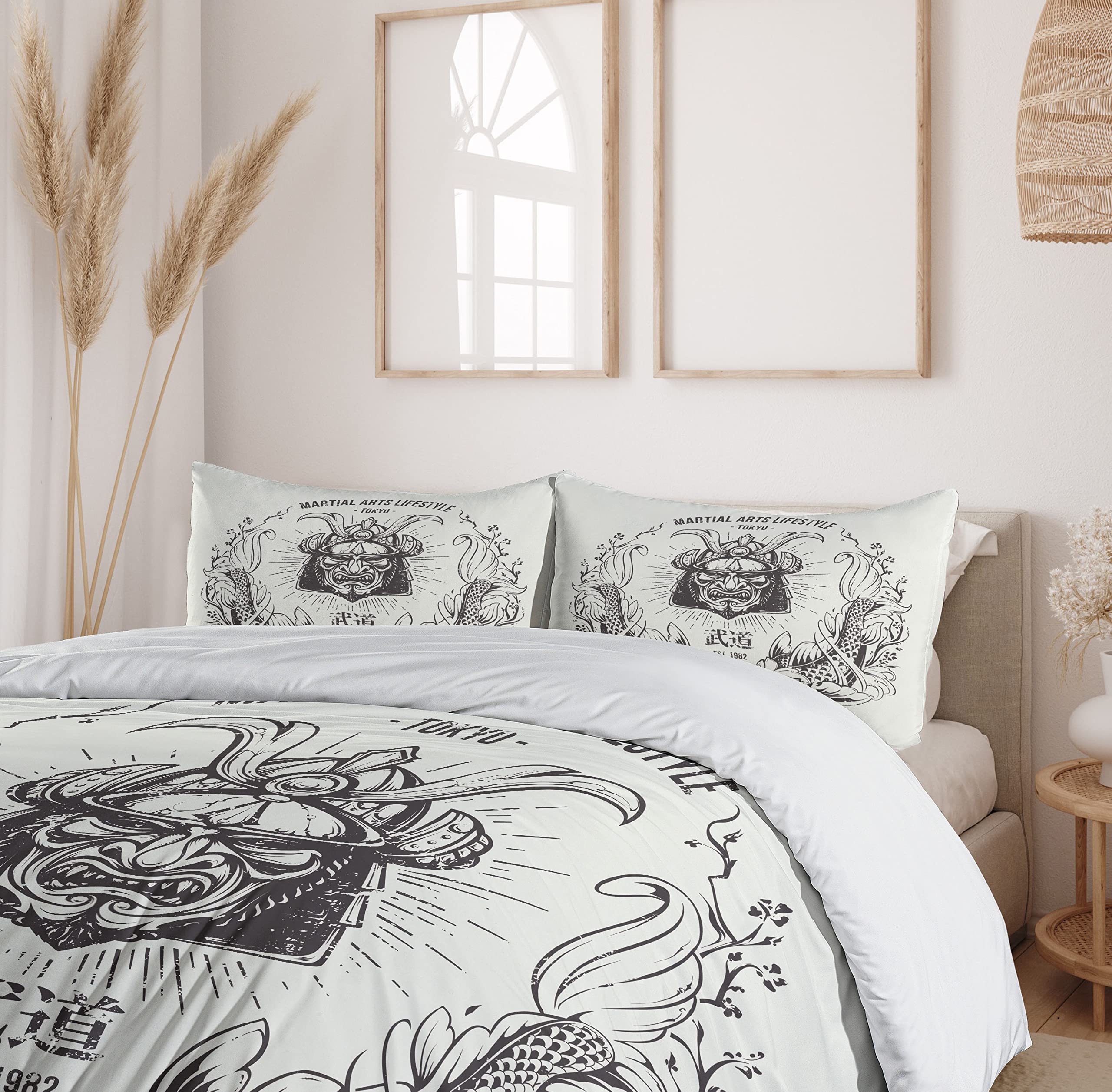 Ambesonne Japanese Samurai Koi Fish Duvet Cover Set - Traditional Asian Inspired 3 Piece Bedding with 2 Pillow Shams, Queen Size in Coconut Grey - Perfect for Zen Bedrooms, Martial Arts Themed Decor & Tokyo Style Home Interiors