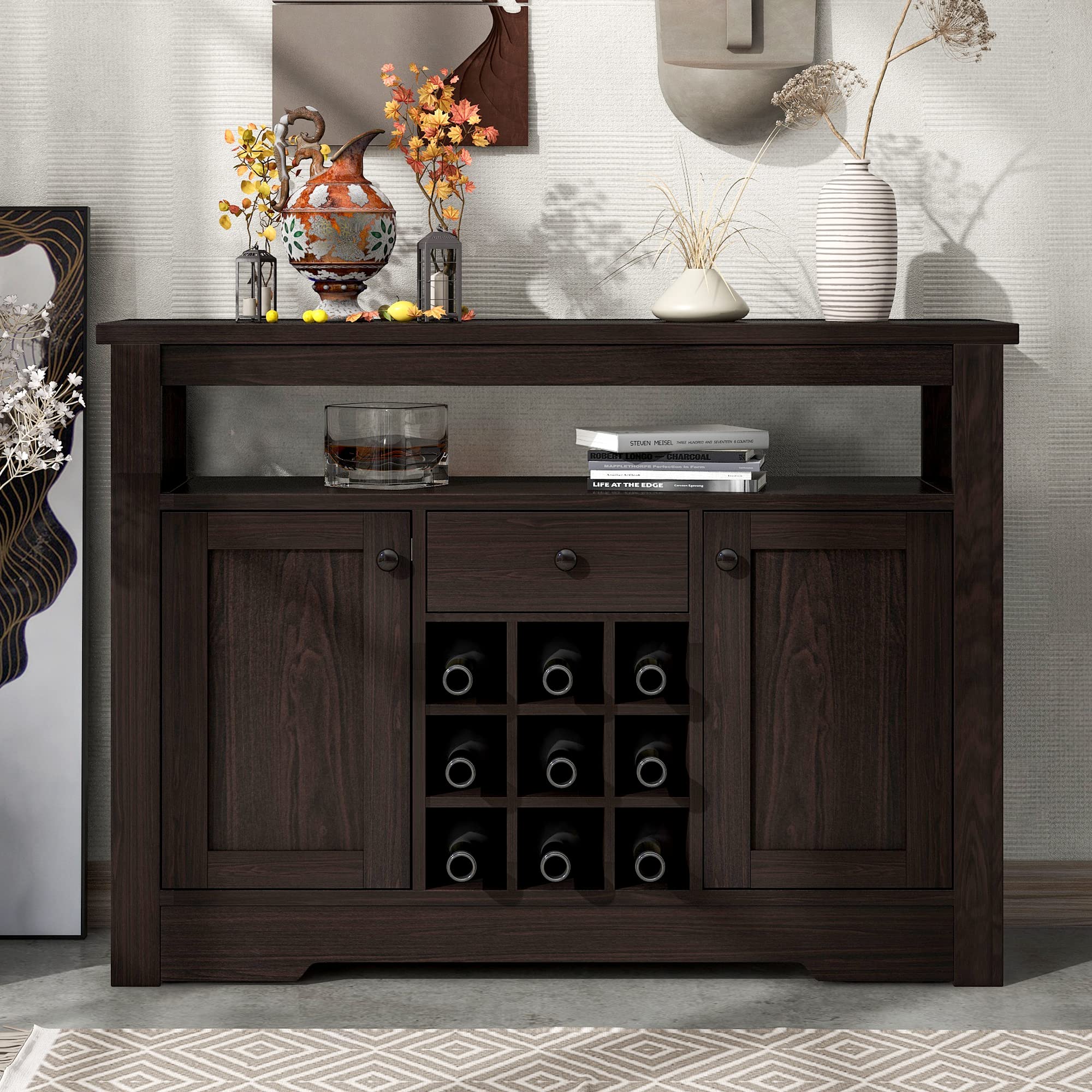 Modern Wood Accent Buffet Sideboard with Double-Tier Tabletop & 9-Bottle Wine Storage Cabinet - Espresso Finish for Entryway, Kitchen, Dining Room & Living Room Decor