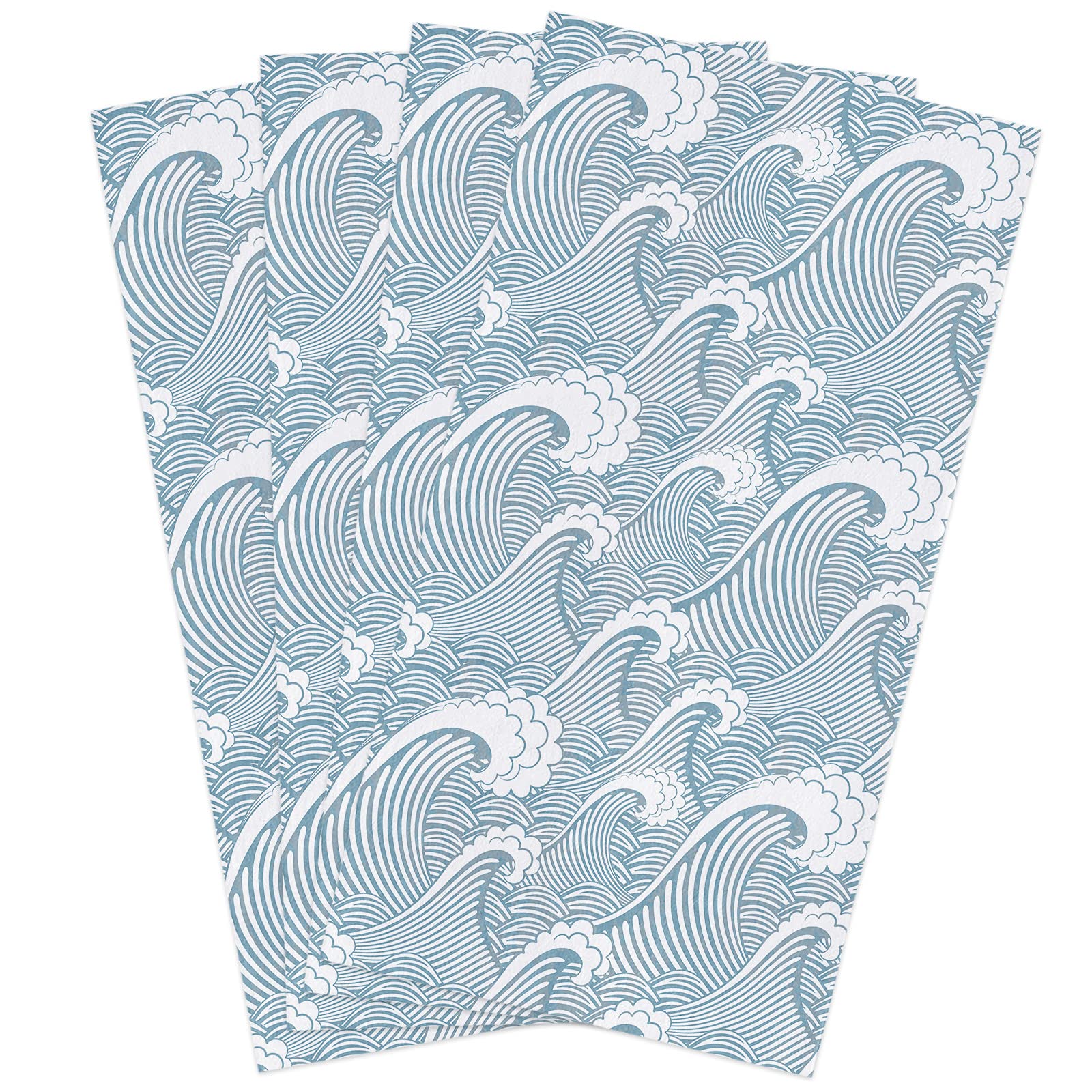 Premium Japanese Style Water Wave Kitchen Towels - 16x28 Inches Soft Cotton Dish Cloths, Tea Towels & Hand Towels (4 Pack) - Ideal for Cooking, Cleaning & Bar Use