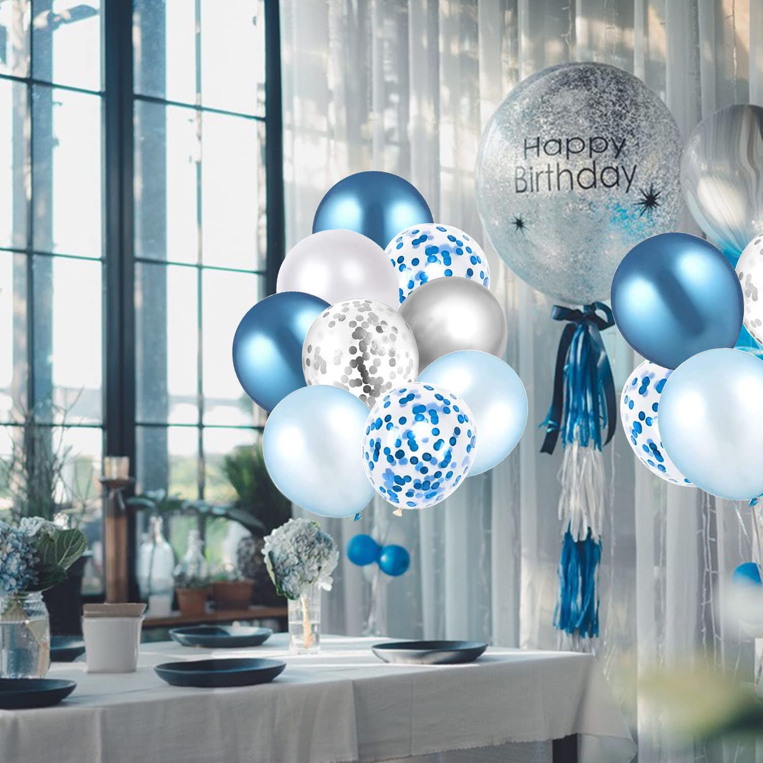 60 PCS Blue Silver White Confetti Balloons 12 Inch - Metallic Party Balloons for Birthday, Baby Shower, Graduation Decorations - Perfect for Indoor & Outdoor Celebrations, Photo Backdrops, and Event Decor
