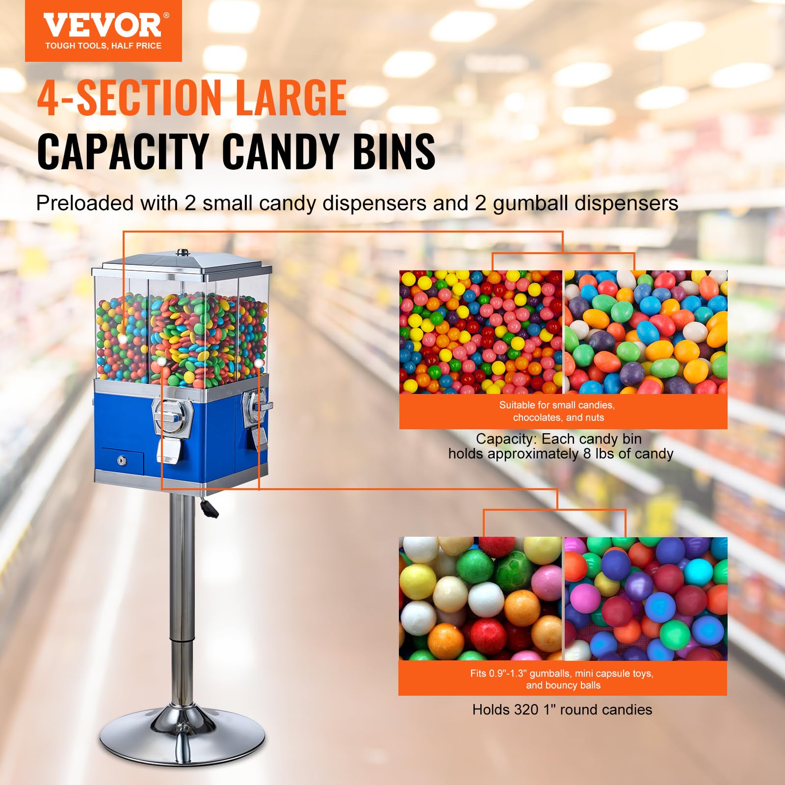VEVOR Commercial Vending Machine - 4 Compartment Rotatable Gumball & Candy Dispenser with Adjustable Height & Iron Stand | Coin Operated for Gumballs, Candy, Toy Capsules, Bouncy Balls, Nuts | Perfect for Retail Stores, Arcades, Restaurants & Business Use (Blue)