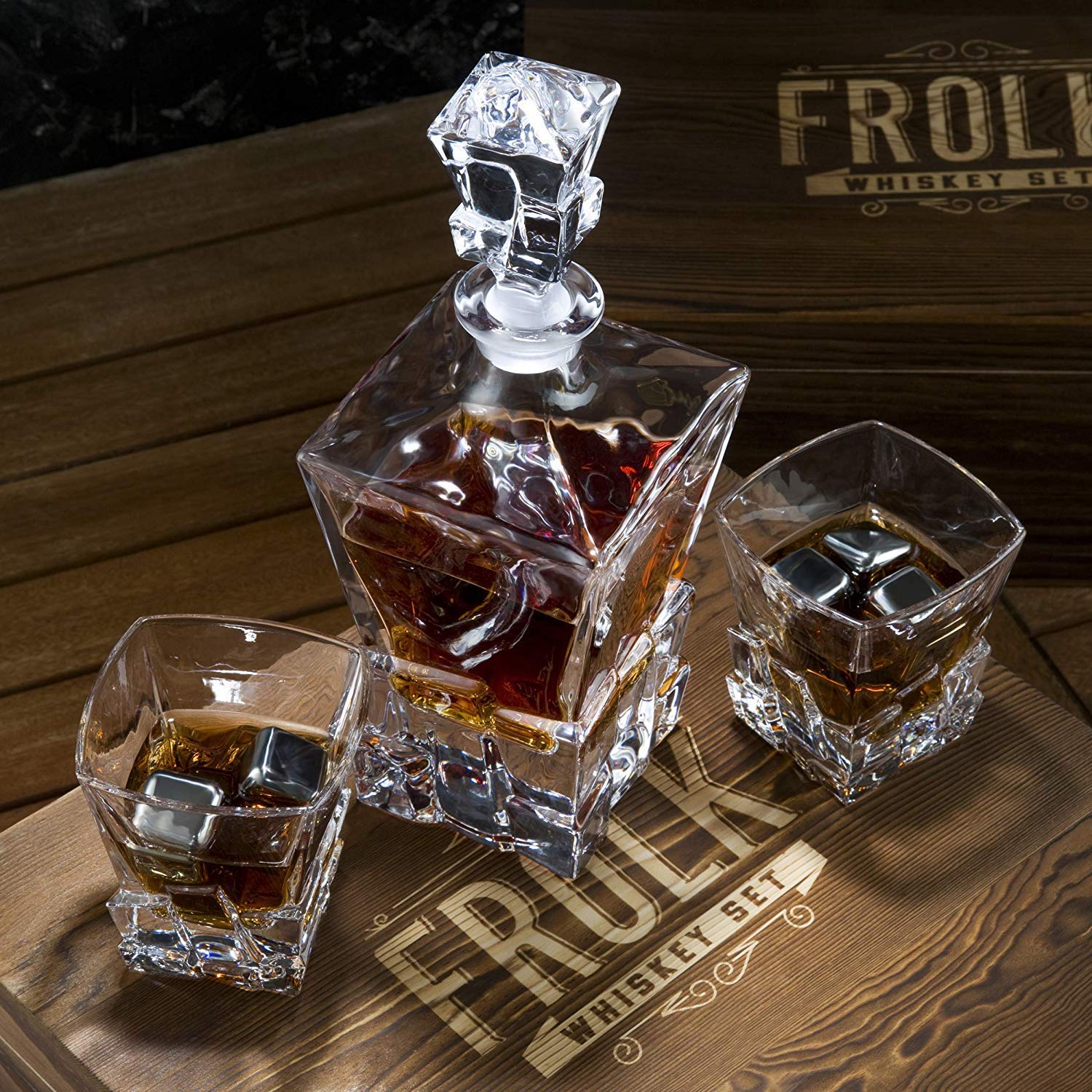 Premium Whiskey Decanter Set with 2 Glasses, 8 Stainless Steel Ice Cubes & Slate Coasters - Luxury Whiskey Gift Set for Men in Elegant Pinewood Box - Perfect for Home Bars, Gifts & Bourbon Tasting Parties