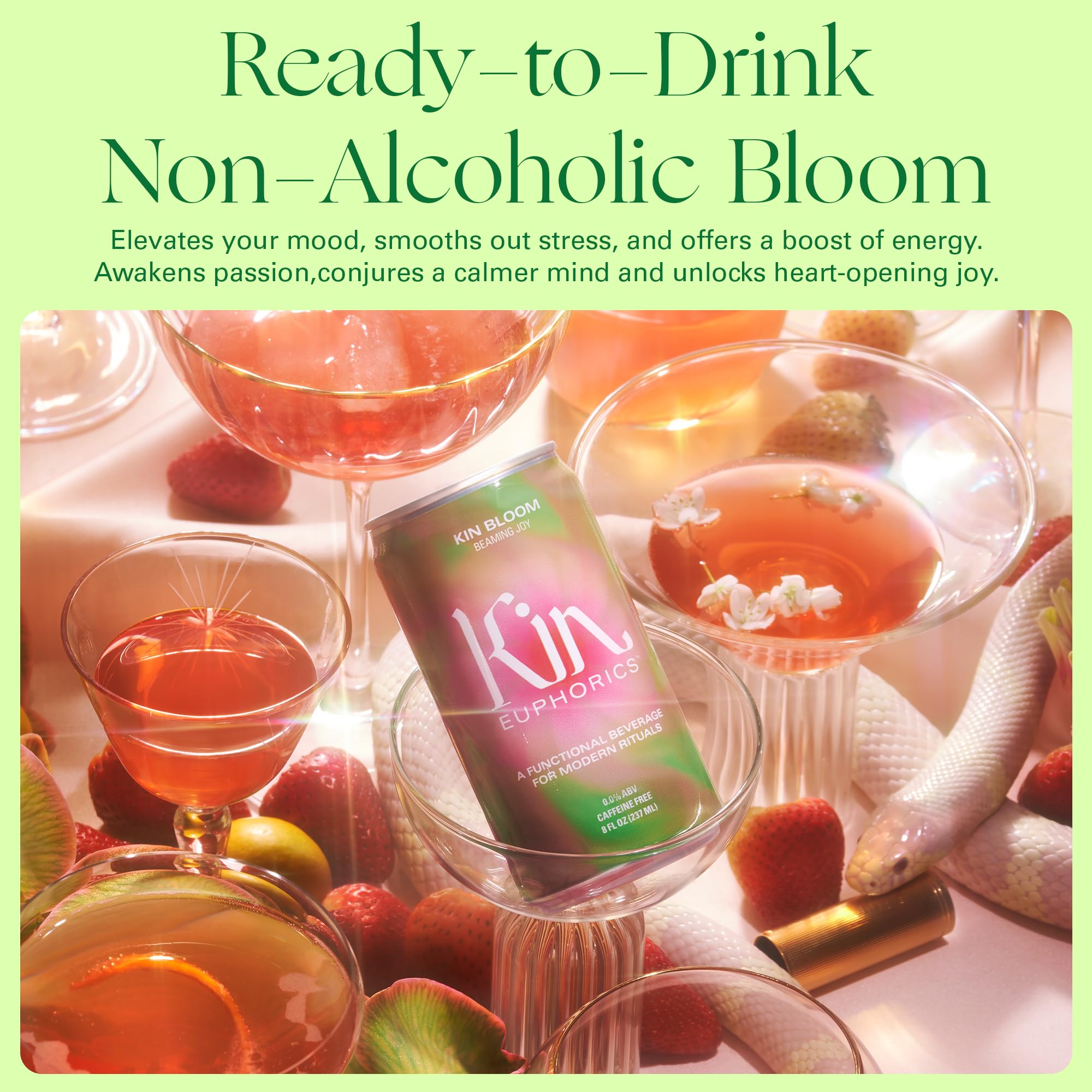 Kin Euphorics Kin Bloom Non-Alcoholic Functional Beverage - 8 Fl Oz (8pk) | Elevate Mood & Focus with L-Theanine, Schisandra | Prebiotic Strawberry White Grape Flavor | Perfect for Work, Yoga or Social Gatherings
