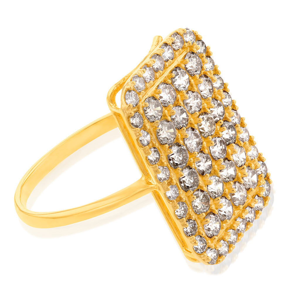 18ct Yellow Gold 2 Carat Diamond Rectangle Cluster Ring for Women - Elegant Wedding, Engagement & Anniversary Jewelry Gift