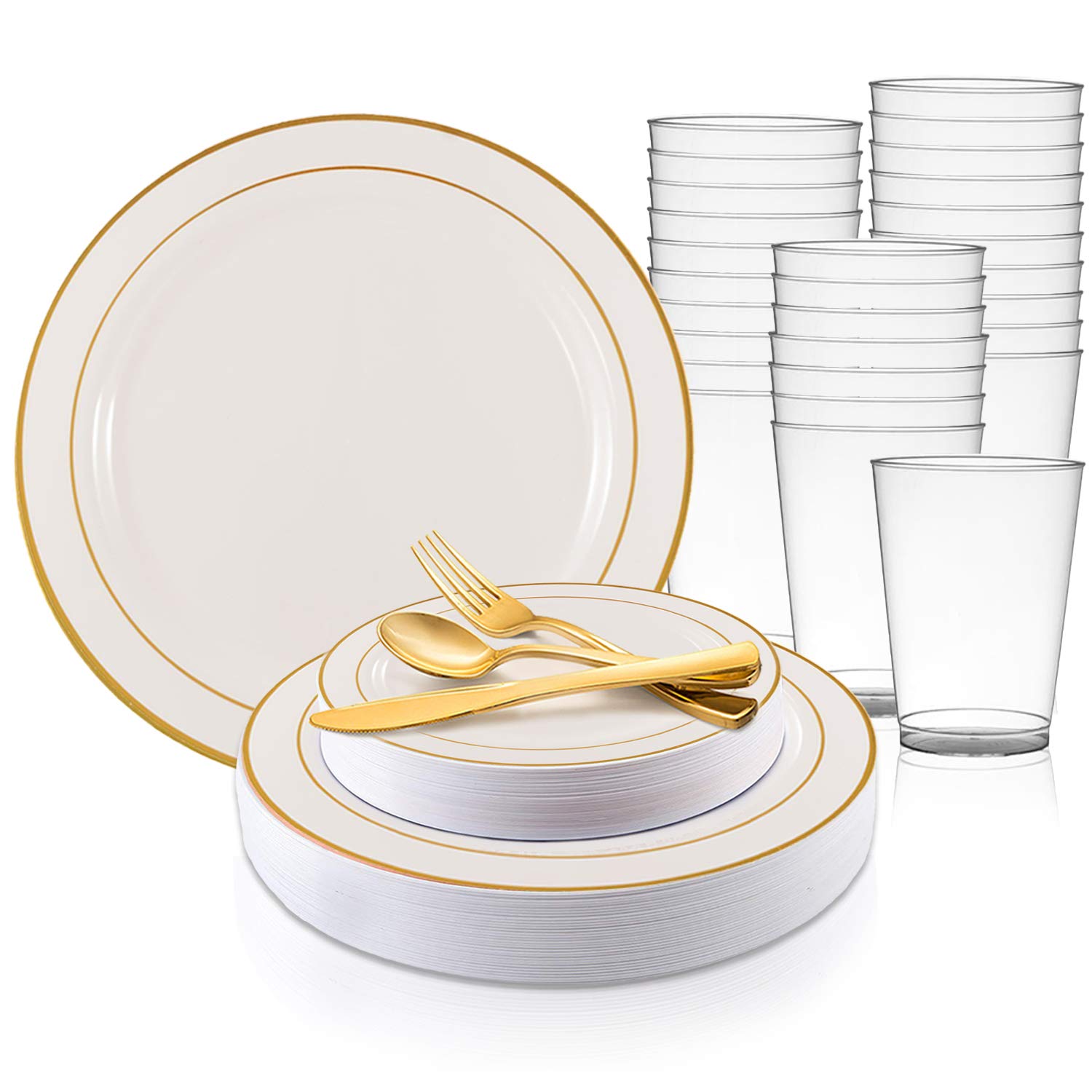 720-Piece Elegant Disposable Plastic Dinnerware Set for 120 Guests - Gold Trim White Plates, Dessert Plates, Cutlery & Cups for Wedding, Birthday, Party | Perfect for Catering, Outdoor Events & Large Gatherings
