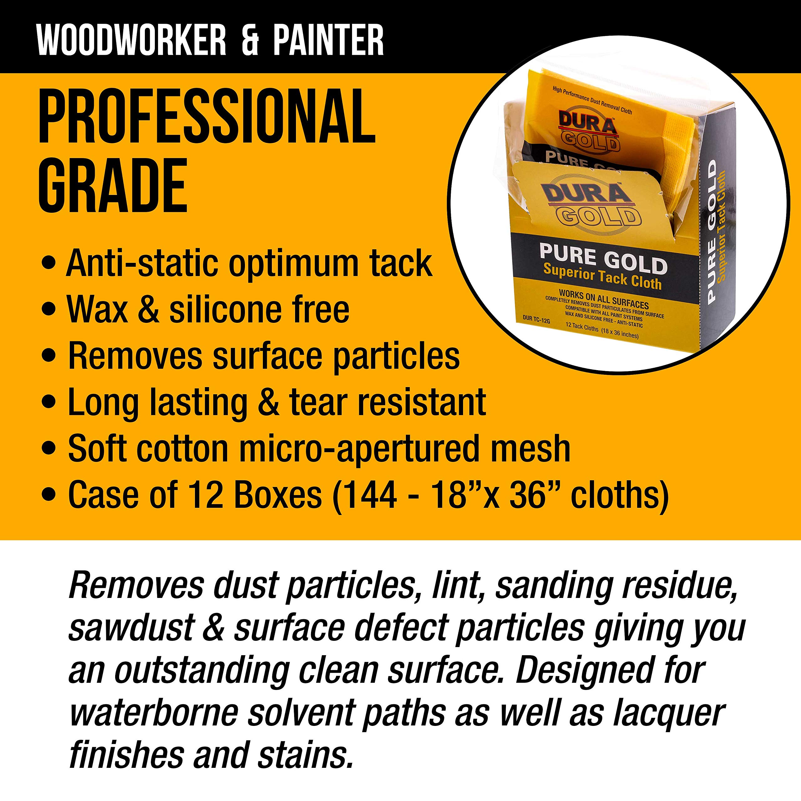 Dura-Gold Premium Tack Cloth - 144 Pack for Woodworking & Automotive Painting | Dust-Free Surface Prep | Ideal for Wood Staining, Auto Body Paint Prep & DIY Projects