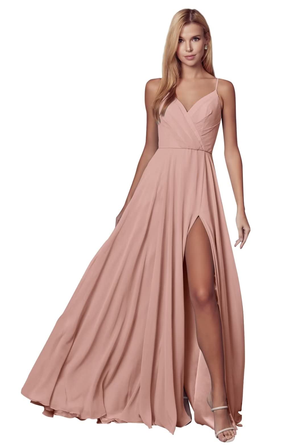 Elegant V-Neck Long Pleated Bridesmaid Dresses with High Slit - Formal Evening Gowns for Weddings, Prom, and Special Occasions