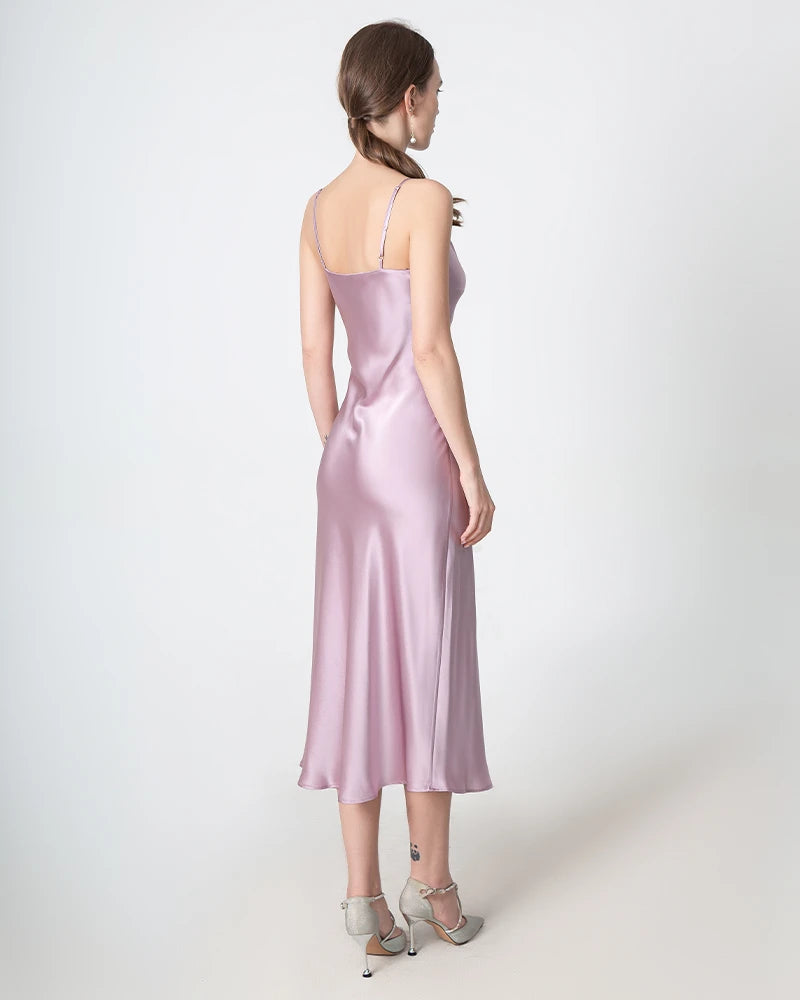 Elegant Slit Cowl Neck Midi Silk Dress for Women - Luxury Party & Evening Wear - Perfect for Weddings, Cocktails & Special Occasions