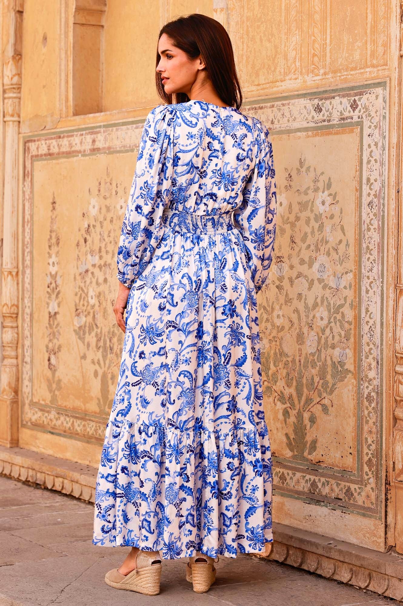 Annie Hammered Satin Maxi Dress for Women - Elegant Cream & Blue Flowy Long Dress for Evening Parties, Weddings & Special Occasions