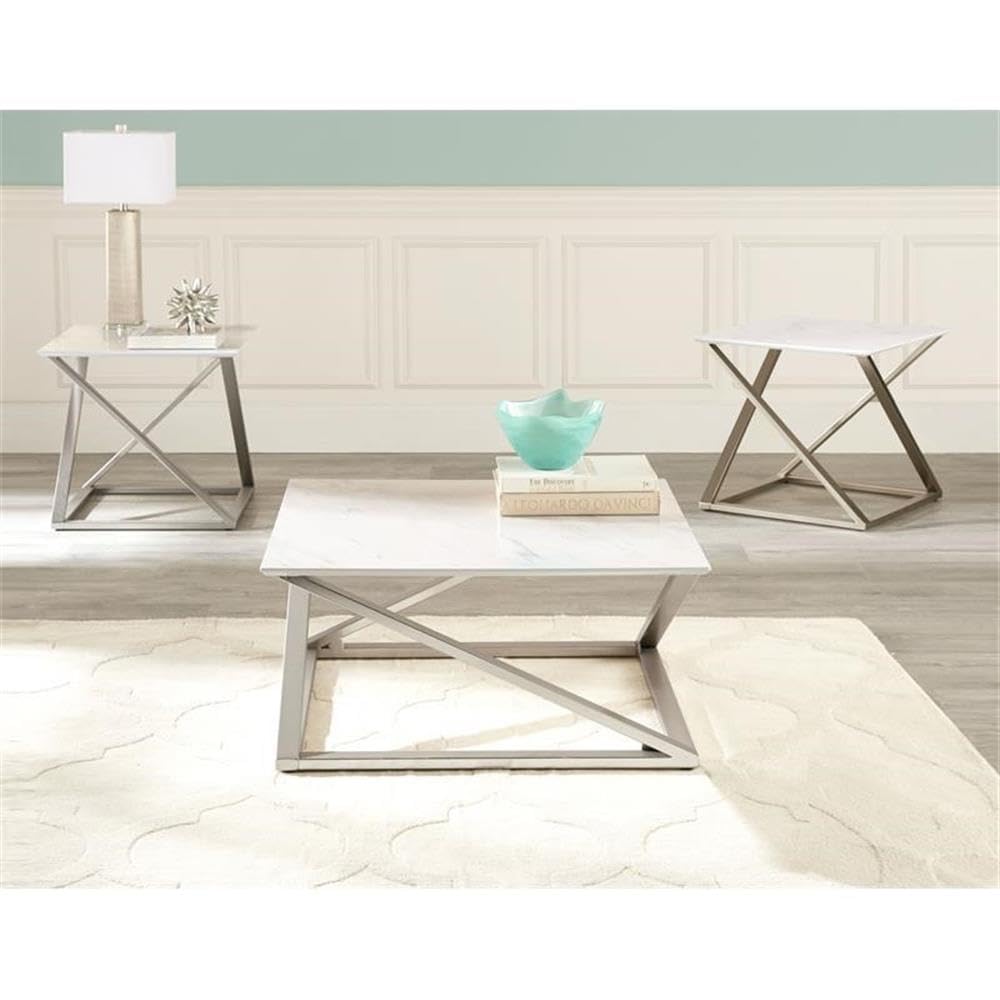 Steve Silver Zurich Square White Faux Marble End Table - Modern Accent Table for Living Room, Bedroom & Office - Stylish Side Table with Mixed Media Design for Home Decor