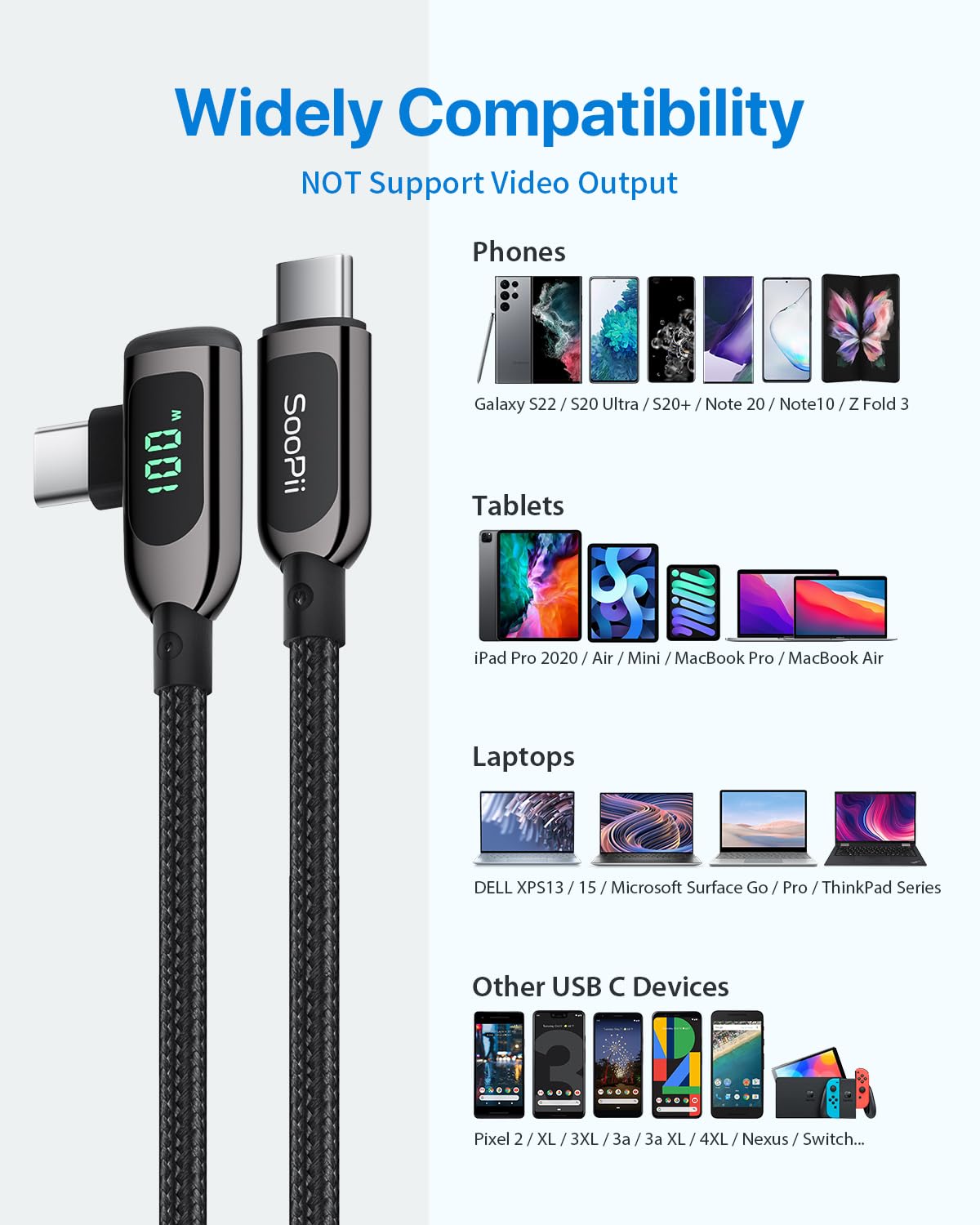 SooPii 100W USB C to USB C Right Angle Cable 10FT - Zinc Alloy Braided Fast Charging Type C Cable with LED Display - Compatible with iPhone 15, iPad Air/Pro, MacBook Pro, Galaxy S24/S23/S22/S10, Pixel, LG - Perfect for Home, Office & Travel Charging (3m, Black)