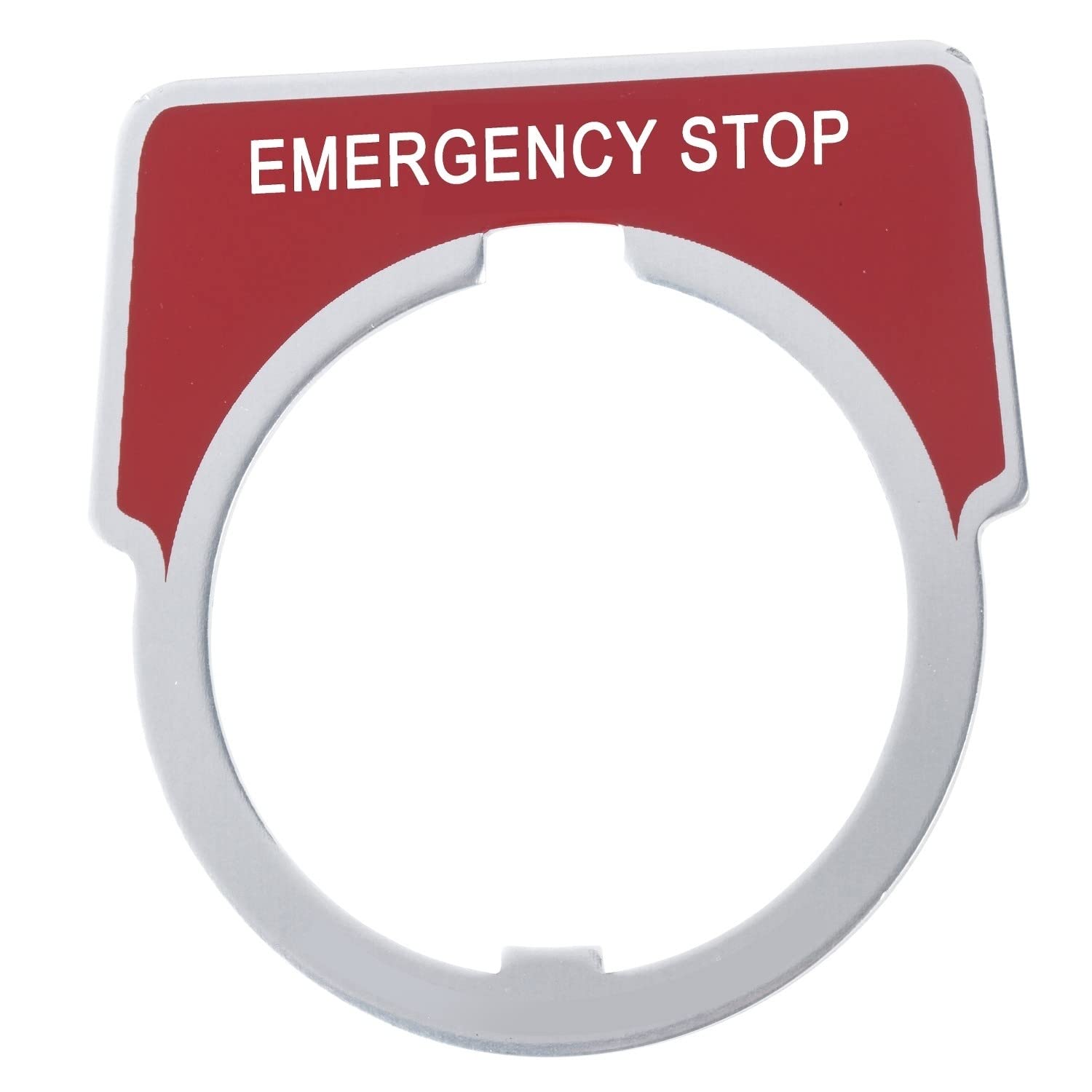Legend Plate Emergency Stop Sign - White/Red Safety Label for Industrial Equipment & Machinery