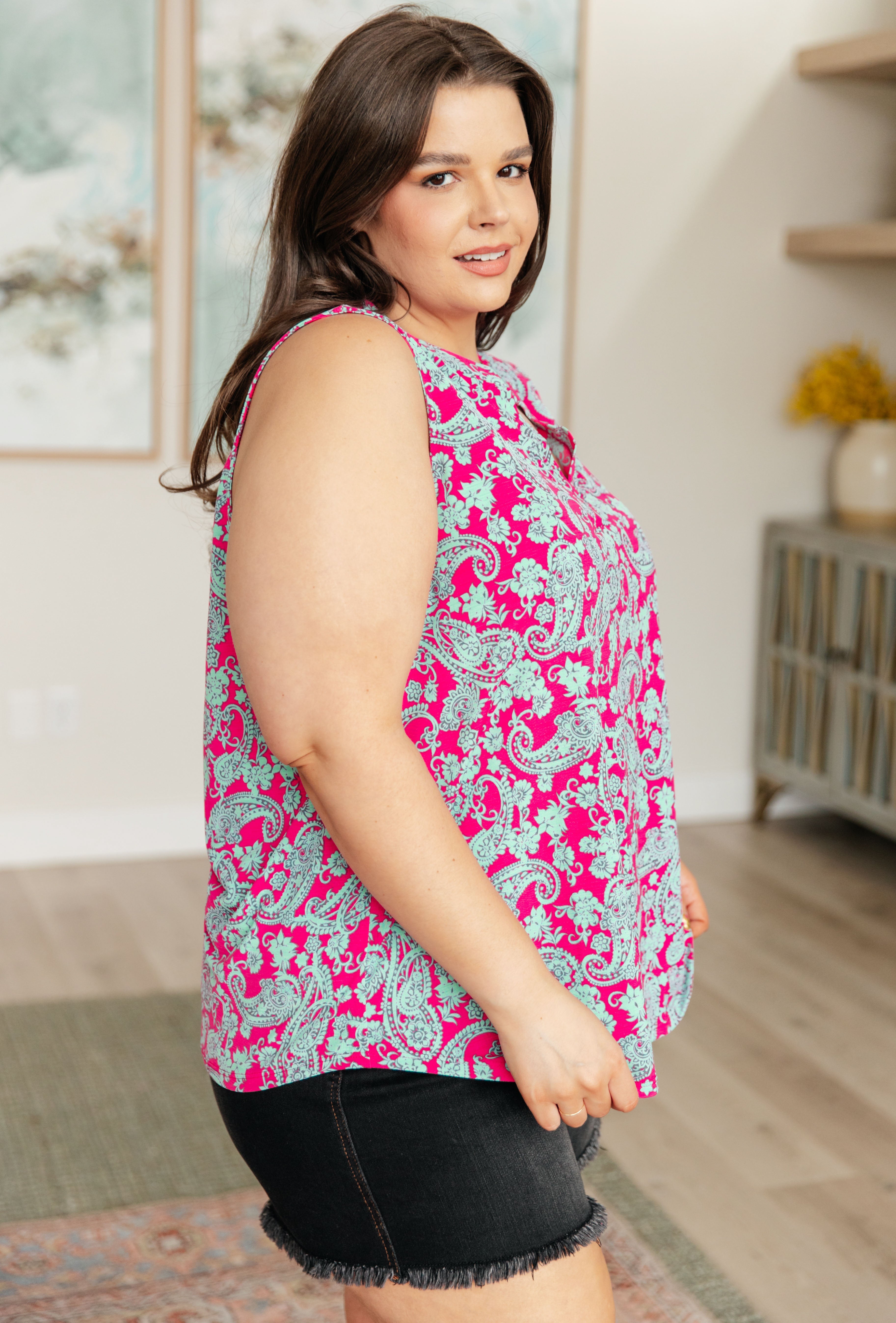 Lizzy Women's Floral Paisley Tank Top - Soft Pink & Mint Green Sleeveless Shirt for Summer, Beach, Yoga & Casual Wear