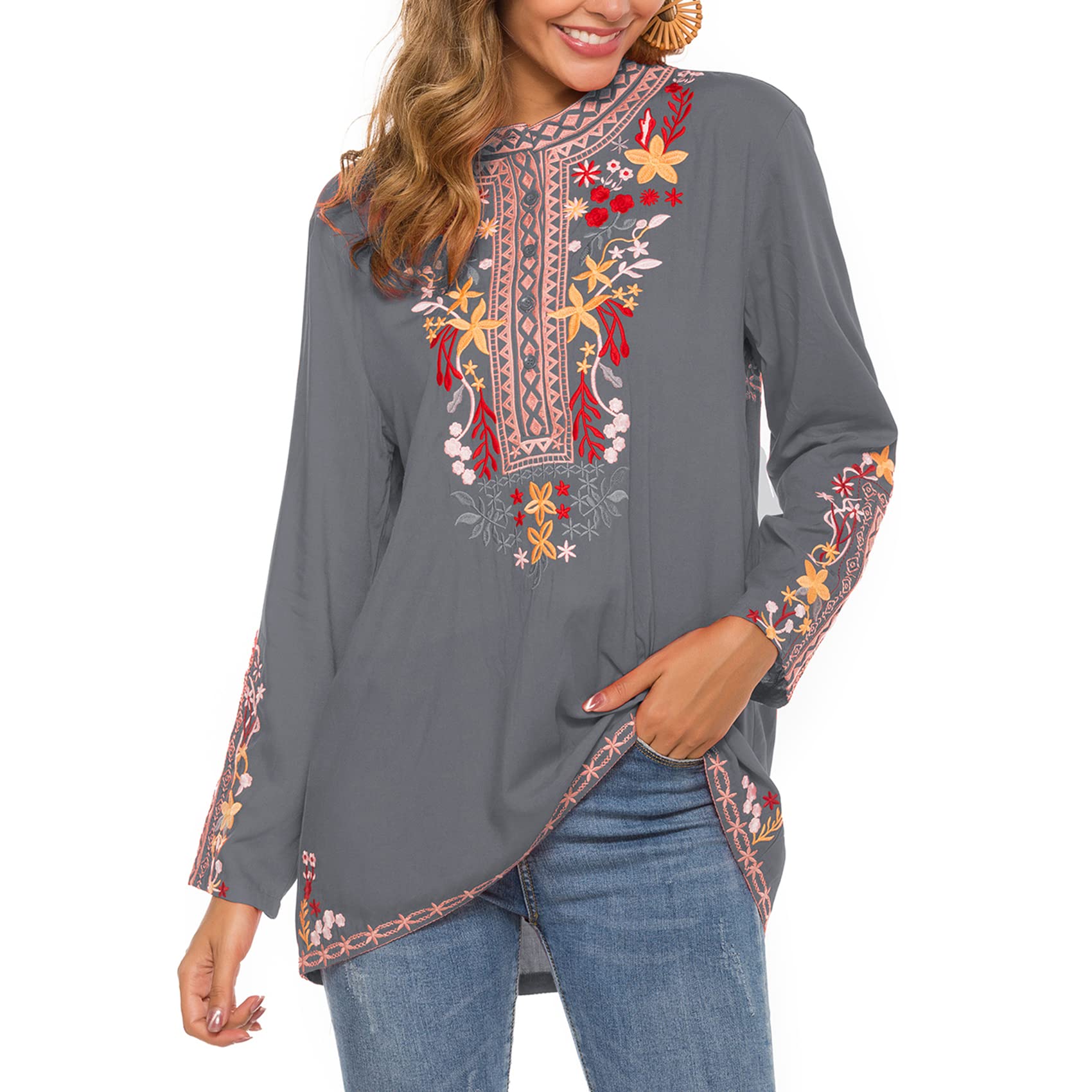 Laura Klein Embroidered Long Sleeve Boho Blouse for Women | Mexican Peasant Tunic Top | Loose Casual Shirt for Fall | Perfect for Festivals, Vacations & Boho-Chic Outfits