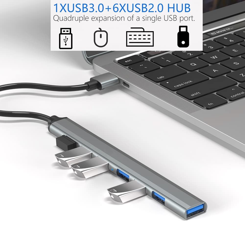 7-in-1 USB C Hub Adapter with USB 3.0 & 2.0 Ports - Multi-Port USB Splitter & Extender for Laptop, MacBook, PC - Ideal for Office, Travel & Home Use