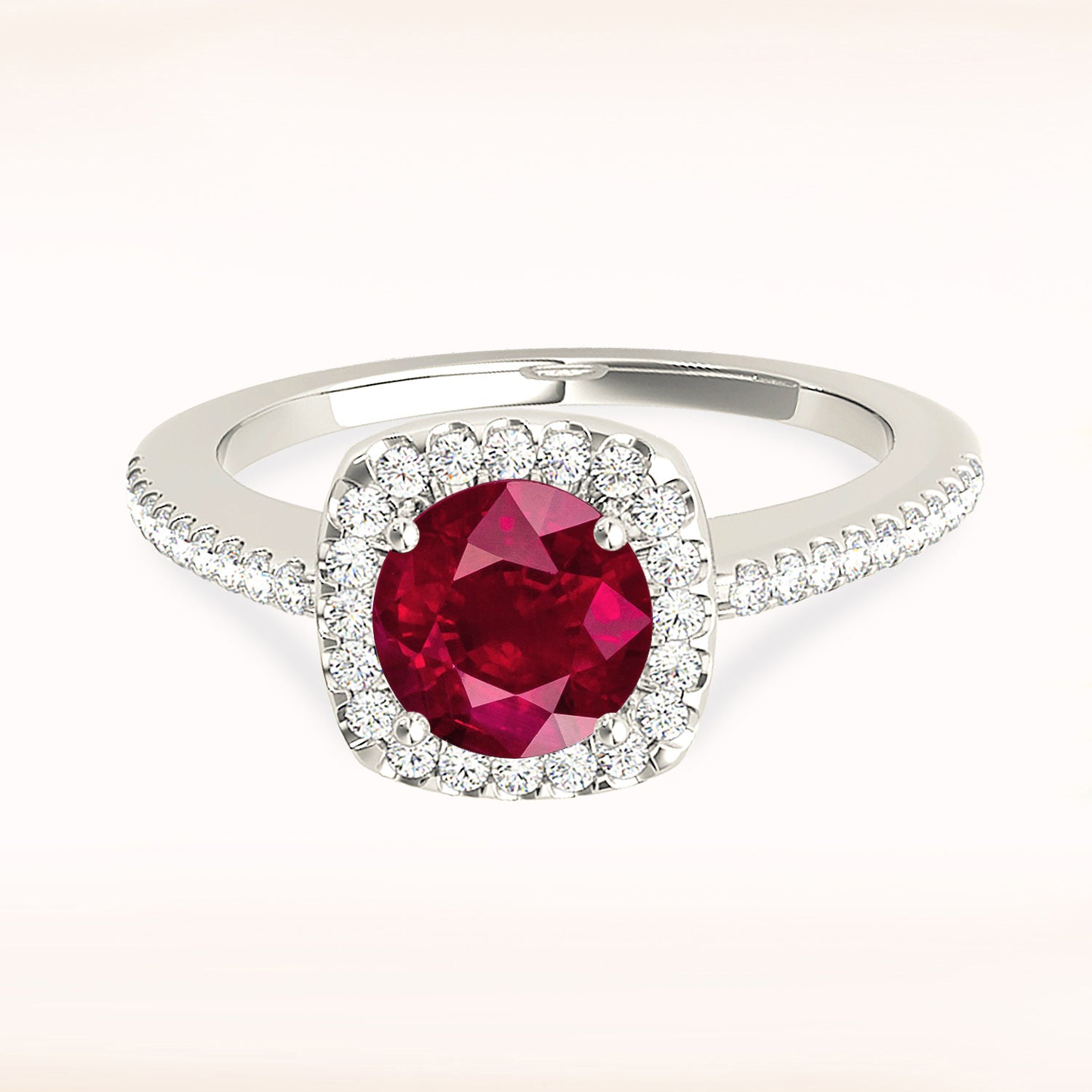 1.45 Carat Genuine Ruby Ring with Cushion Halo & Diamond Band - Elegant Engagement, Anniversary Gift for Her
