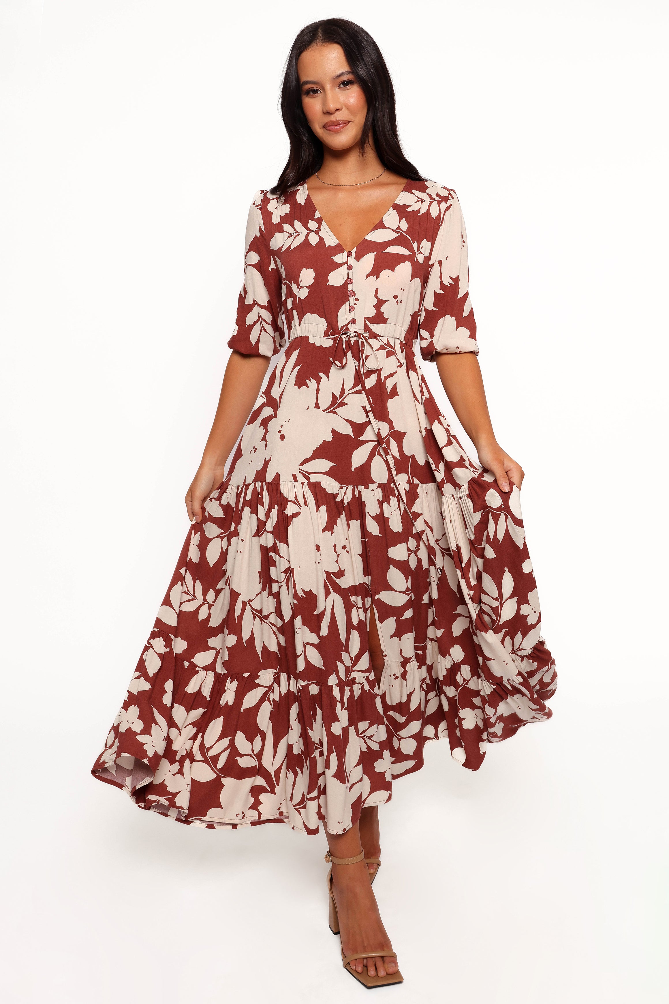 Kelda Dress - Rust Floral Print Women's Maxi Dress | Boho Chic Summer Dress for Beach, Vacation & Casual Wear