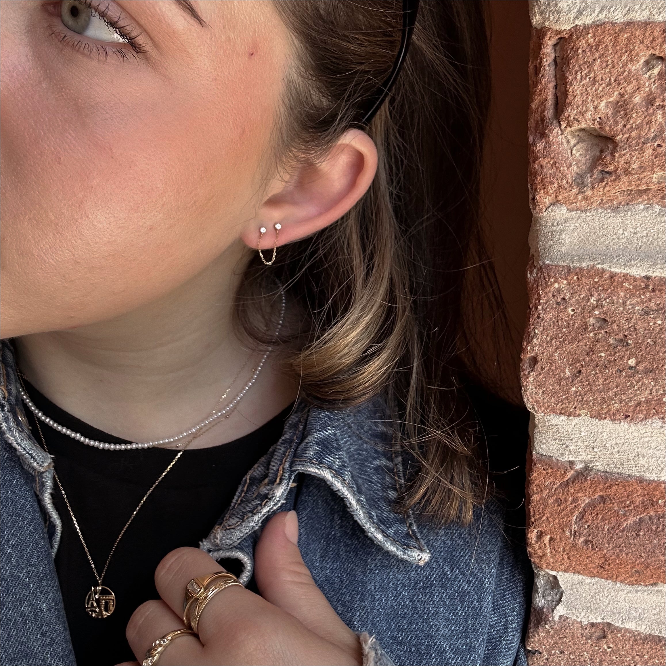 Solid Gold Double Piercing Chain Earrings for Women - 14K/18K Yellow Gold Dainty Layered Hoop Earrings - Perfect for Everyday Wear, Date Night & Special Occasions