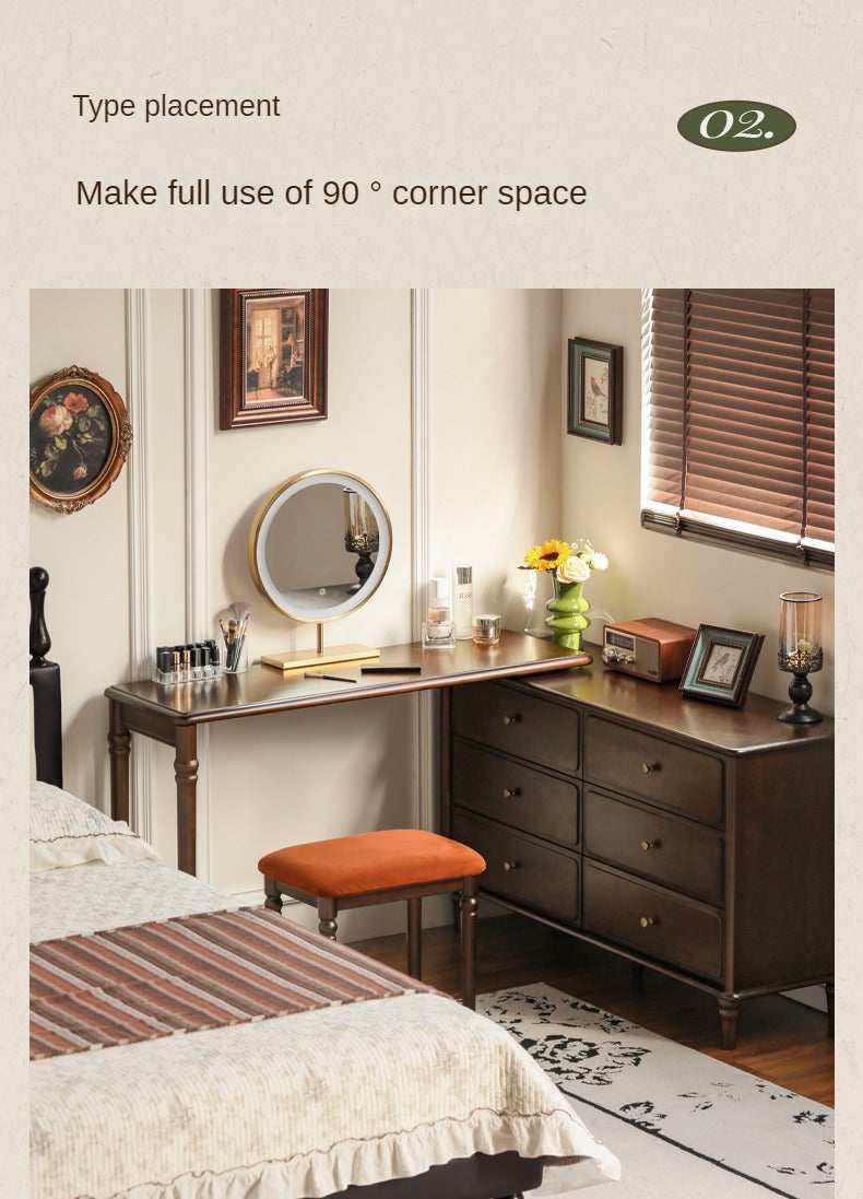 Vintage Poplar Solid Wood Extendable Vanity Dressing Table with Mirror - Perfect for Bedroom, Makeup & Cosmetics Organization