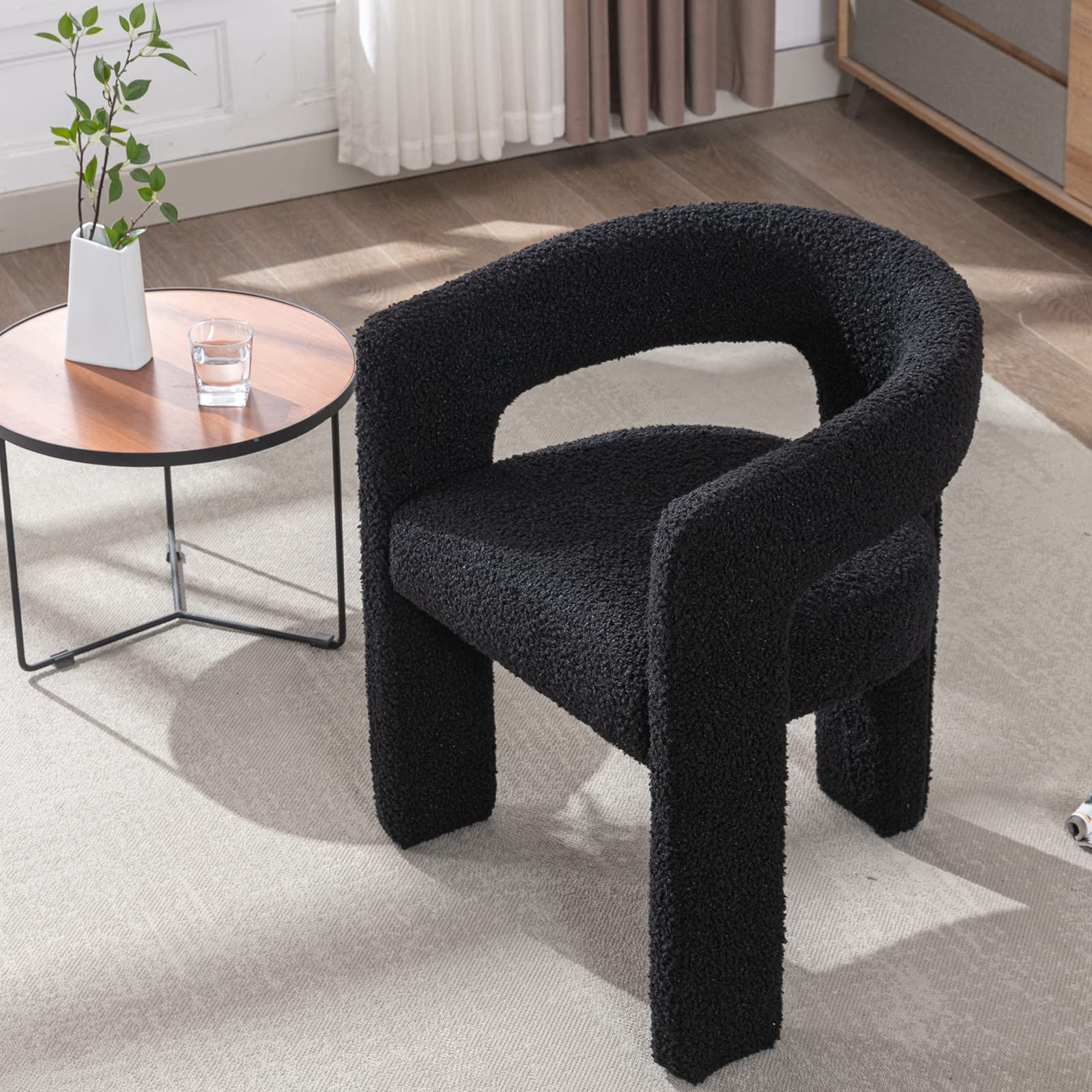 Modern Upholstered Sherpa Barrel Dining Chair with Arms - Comfy Accent Side Chair for Kitchen, Bedroom, Living Room & Vanity - Black | Perfect for Home Dining, Office Reception & Cozy Reading Nook