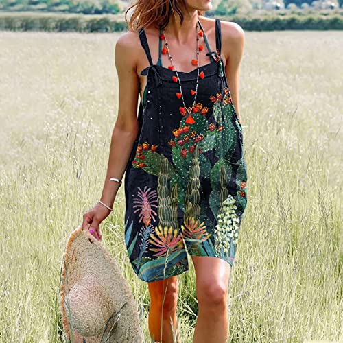 Women's Cotton Overalls - Spaghetti Strap High Waist Jumpsuit with Pockets | Floral Printed Loose Romper Pants | Casual Summer Outfit for Beach, Gardening & Outdoor Activities (Green, Size XL)