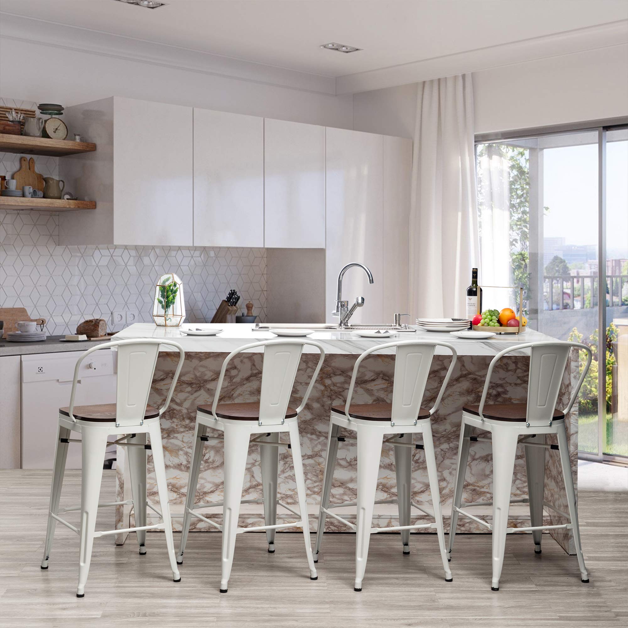 Yongqiang 30 Inch Bar Stools Set of 4 - Farmhouse Style High Back Kitchen Bar Chairs with Large Wooden Seat - Cream White Metal Barstools for Kitchen Island, Breakfast Nook & Home Bar Decor